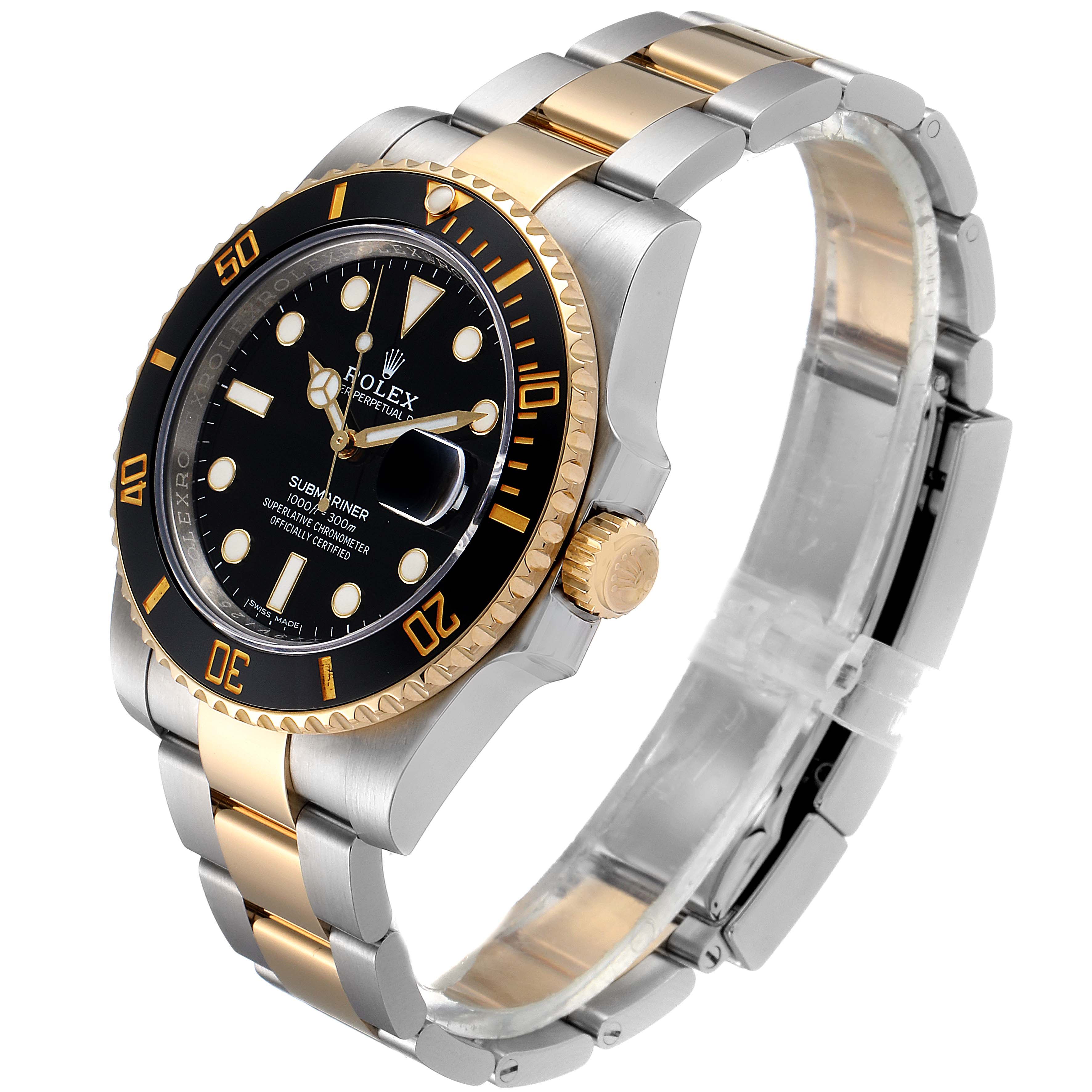 This image shows a Rolex Submariner 116613 Men's Steel and Gold (two tone) Black Dial 116613 Men's Steel and Gold (two tone) Black Dial watch at a 45-degree angle, highlighting its face, bezel, crown, and two-tone bracelet.