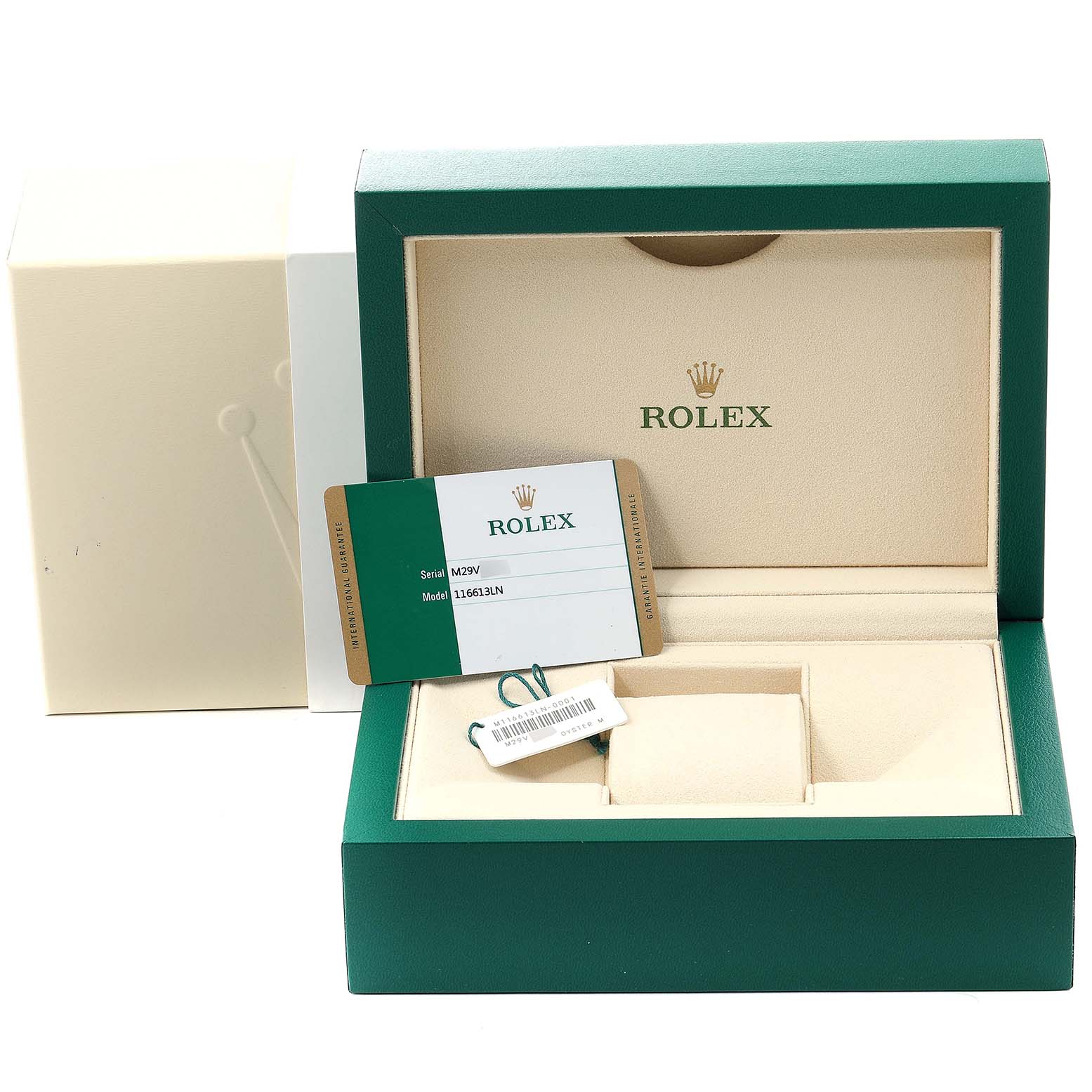 The image shows an open Rolex Submariner 116613 Men's Steel and Gold (two tone) Black Dial 116613 Men's Steel and Gold (two tone) Black Dial watch box, the branded interior, and a certification card.