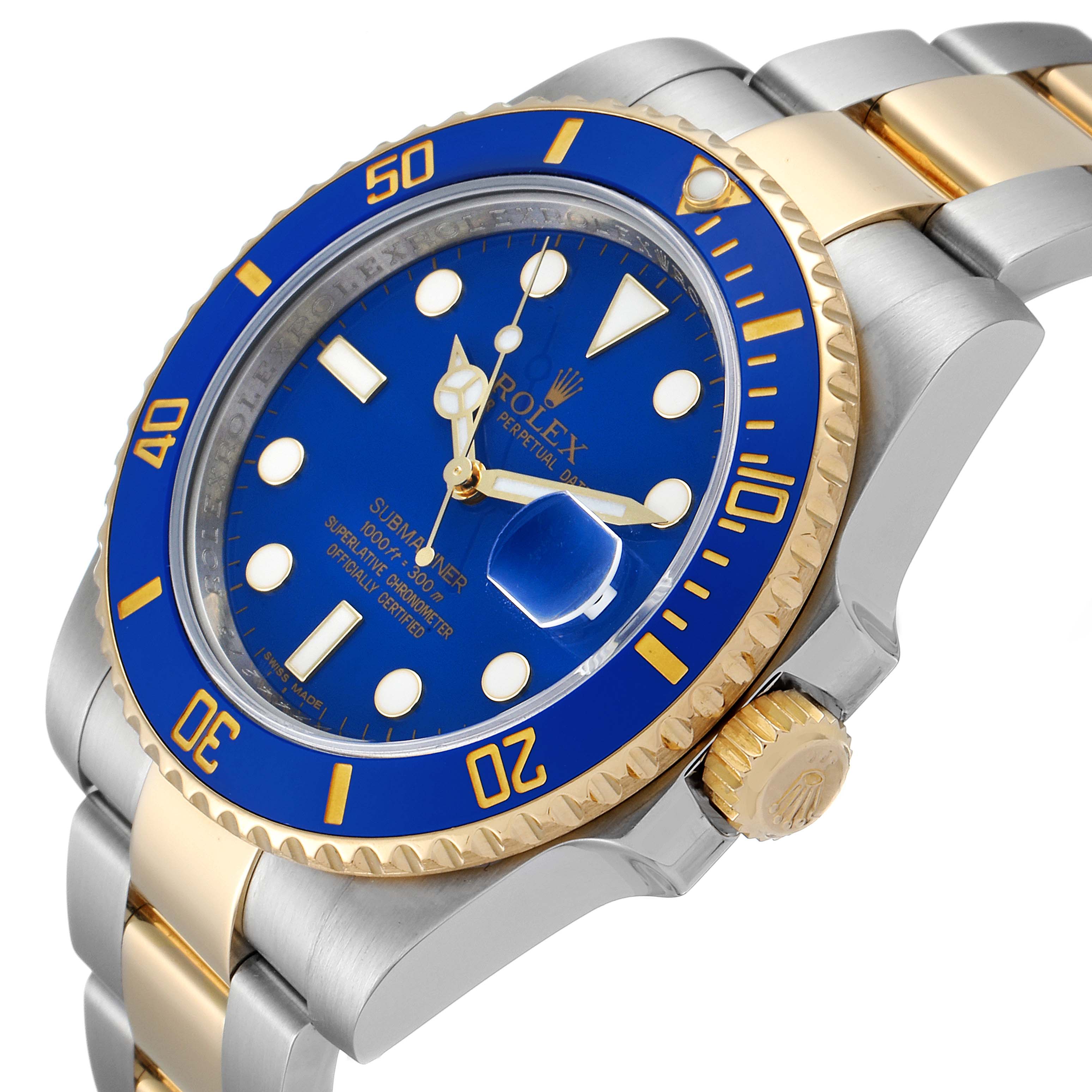 This image shows a close-up angle of a Rolex Submariner 116613 Men's Steel and Gold (two tone) Blue Dial 116613 Men's Steel and Gold (two tone) Blue Dial watch focusing on the dial, bezel, and bracelet.