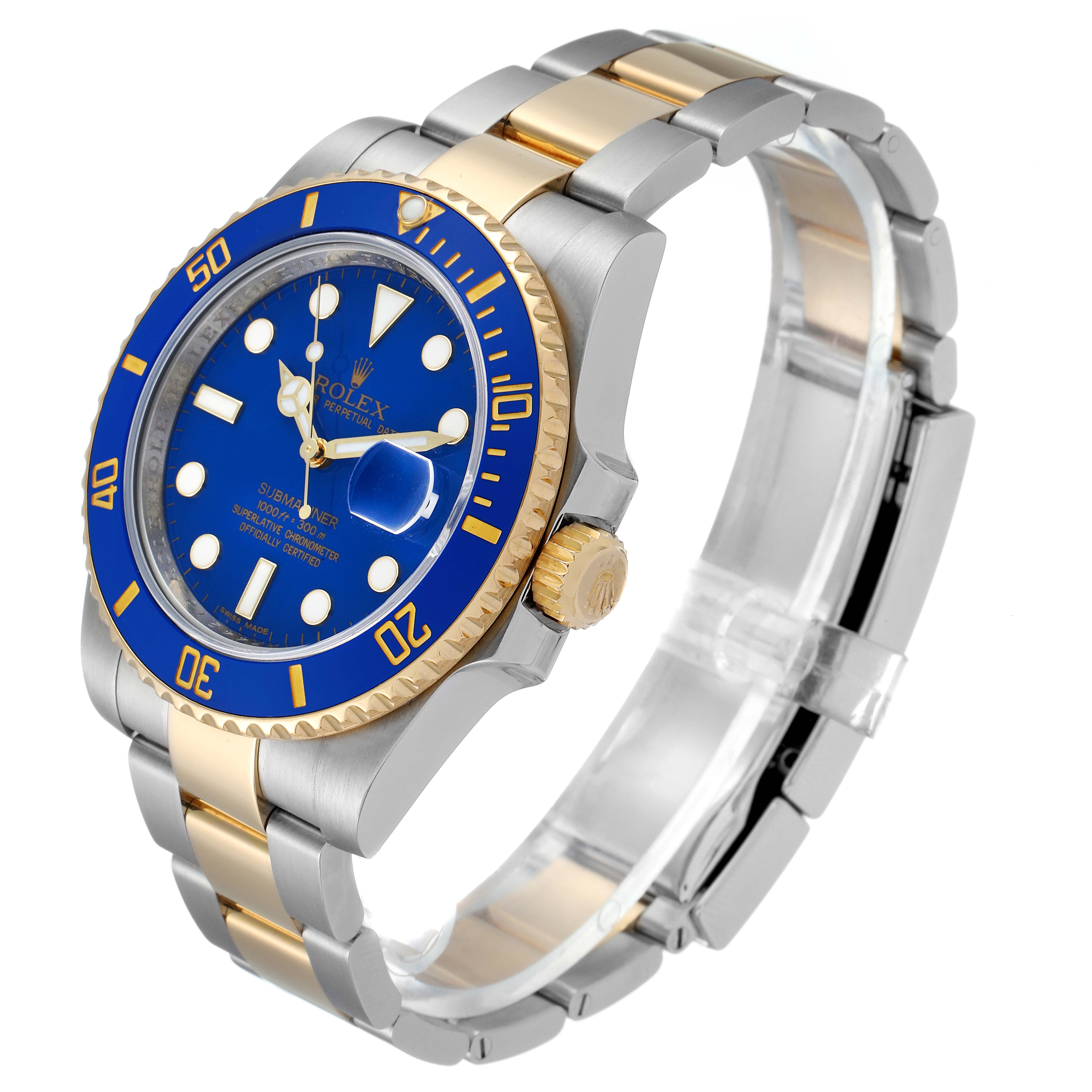 The image shows a Rolex Submariner 116613 Men's Steel and Gold (two tone) Blue Dial 116613 Men's Steel and Gold (two tone) Blue Dial watch from an angled side view highlighting the blue dial, bezel, gold accents, and bracelet.