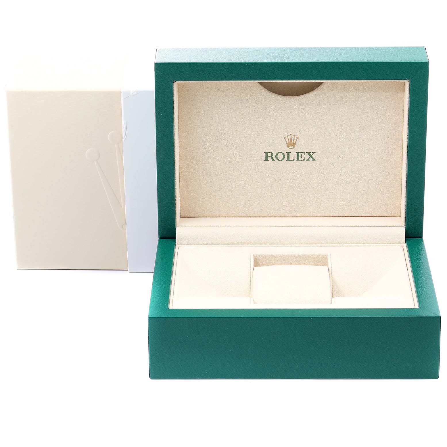 The image shows the open box for a Rolex Submariner 116613 Men's Steel and Gold (two tone) Blue Dial 116613 Men's Steel and Gold (two tone) Blue Dial watch, showcasing the branded inner lining and compartments.