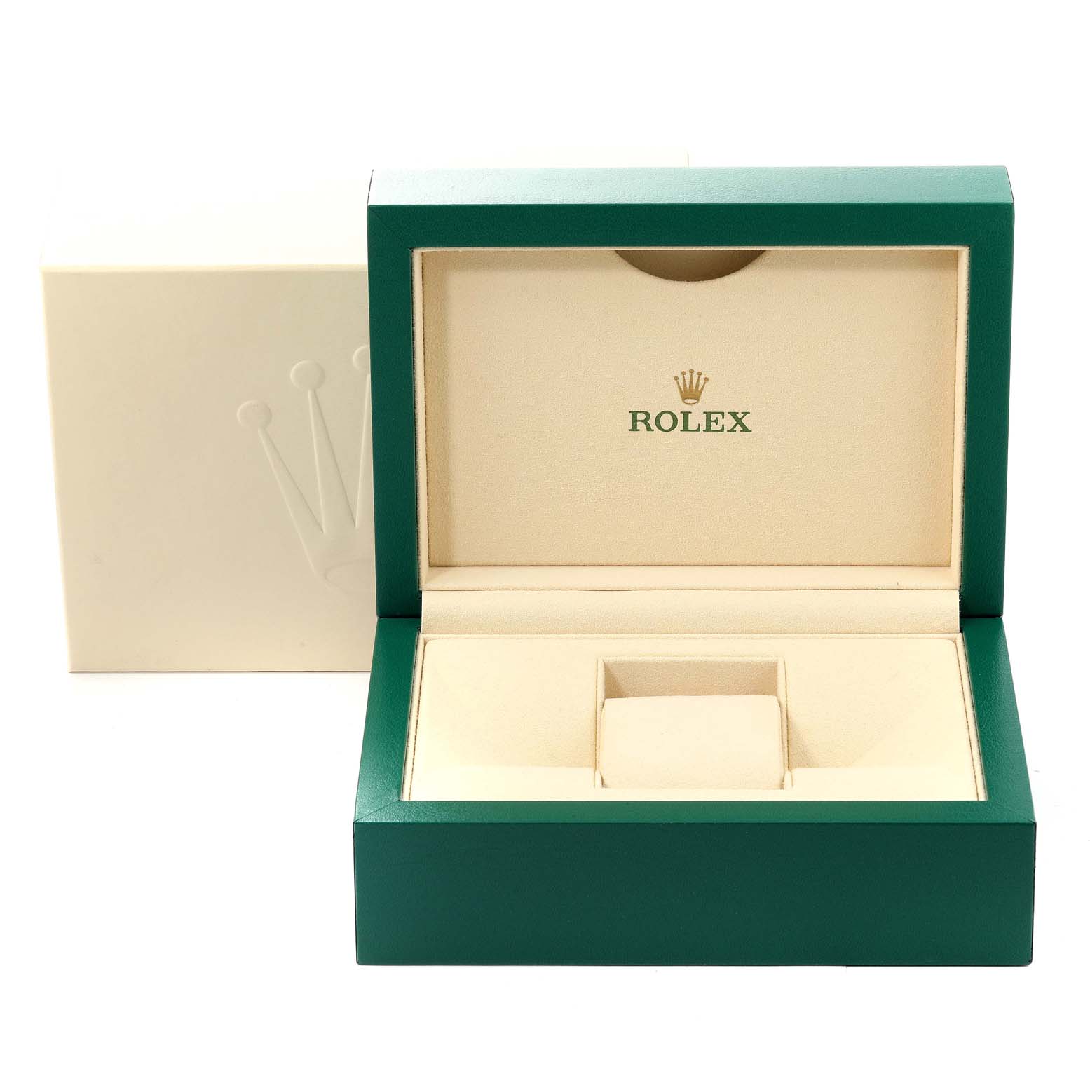 The image shows an open green and beige Rolex watch box for the Yacht-Master model, prominently displaying the Rolex logo.