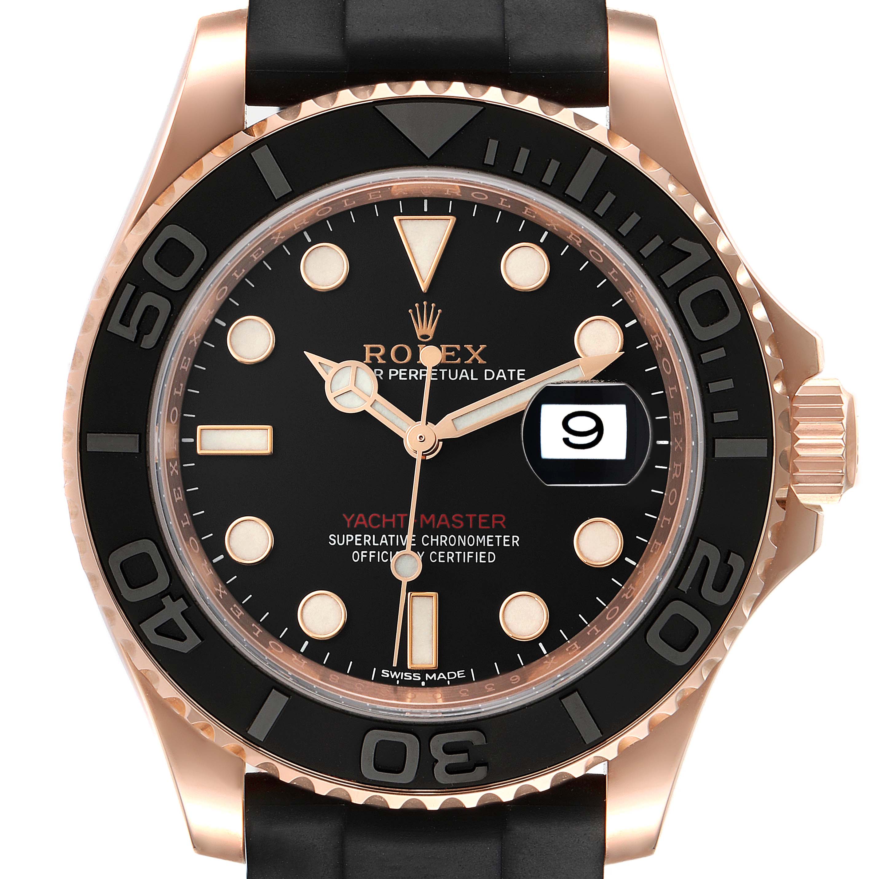 This image shows a front view of the Rolex Yacht-Master 116655 Men's Rose Gold Black Dial 116655 Men's Rose Gold Black Dial watch, highlighting its dial, bezel, and crown.