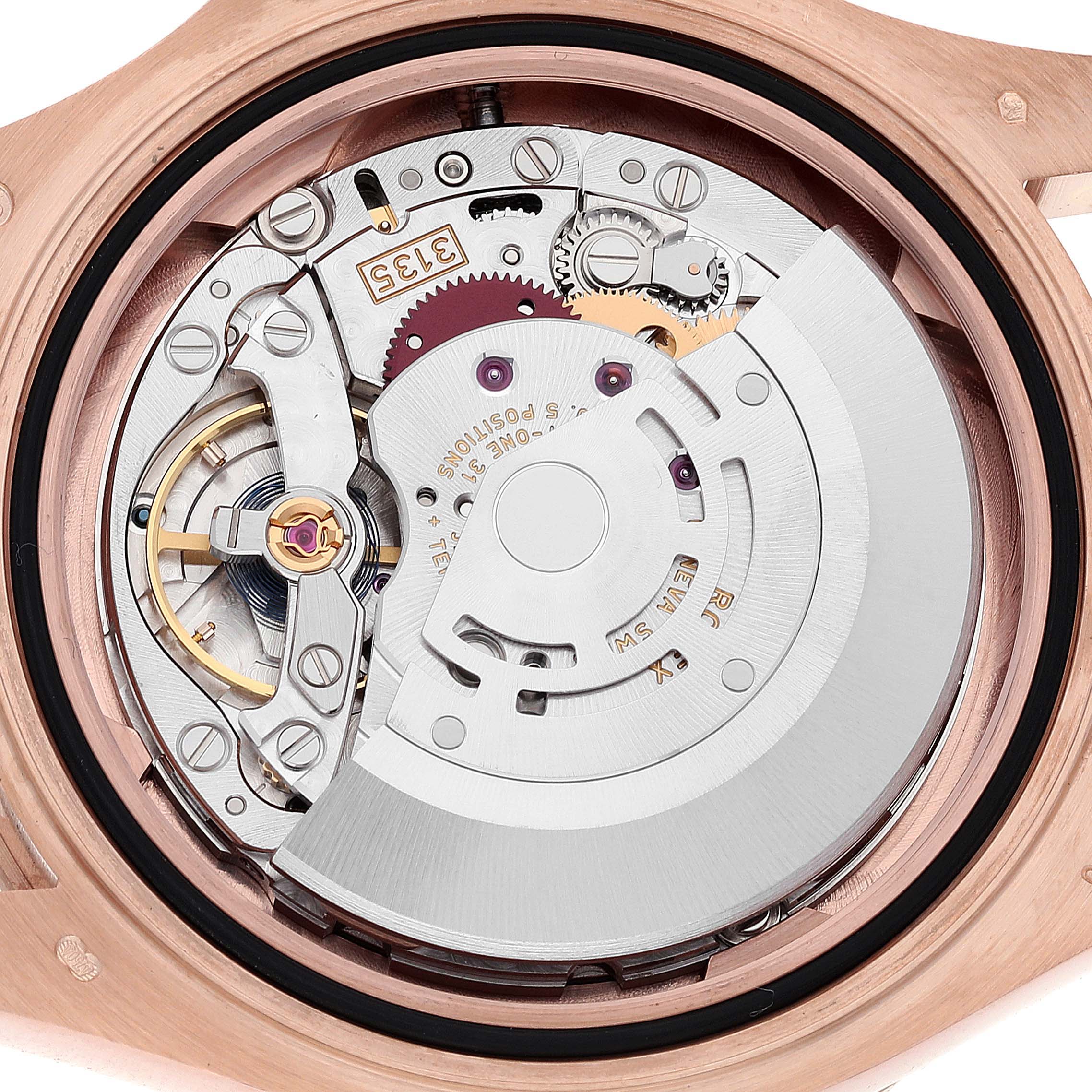 The image shows the movement mechanism of a Rolex Yacht-Master 116655 Men's Rose Gold Black Dial 116655 Men's Rose Gold Black Dial watch, viewed from the rear case with the cover removed.