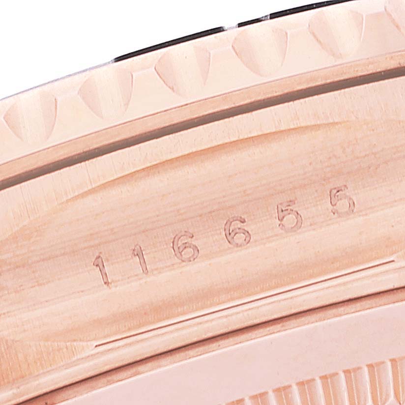The close-up image shows the edge of the bezel and part of the case of a Rolex Yacht-Master 116655 Men's Rose Gold Black Dial 116655 Men's Rose Gold Black Dial watch, including the engraved model number.