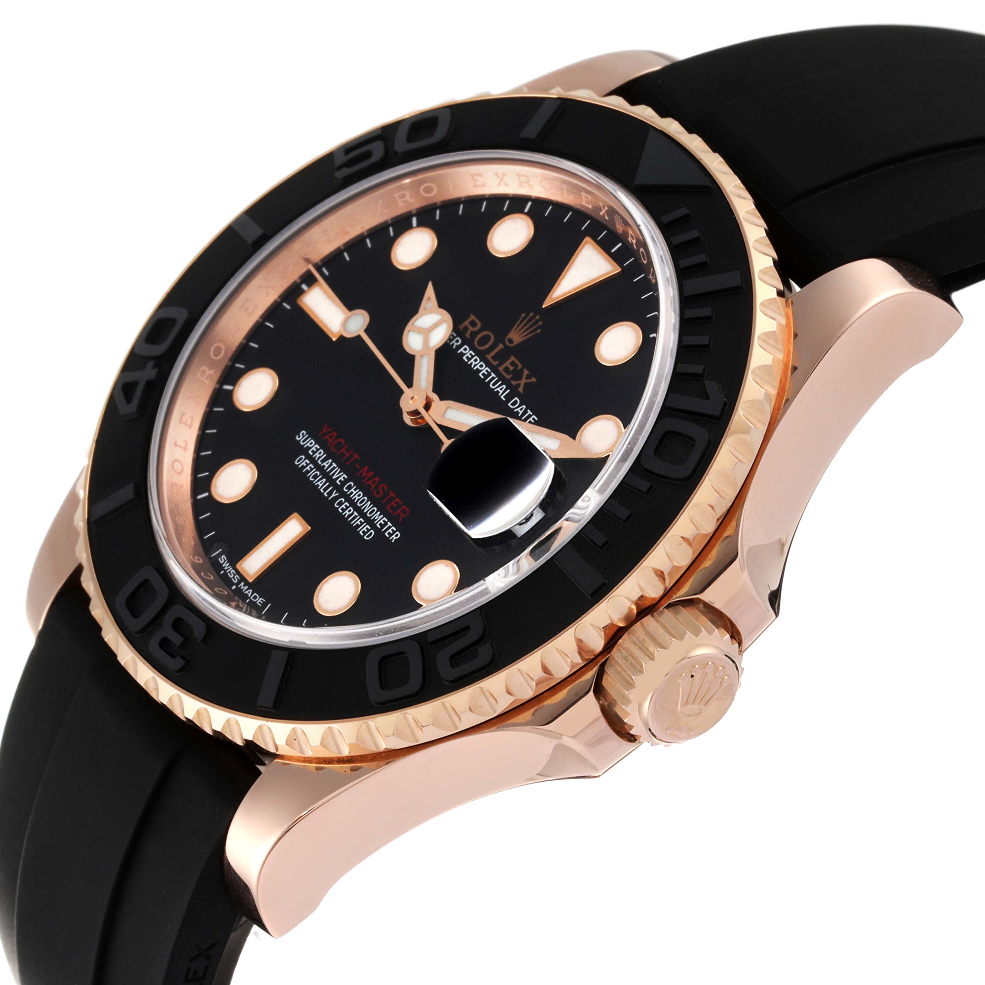 The image shows a side angle of a Rolex Yacht-Master 116655 Men's Rose Gold Black Dial 116655 Men's Rose Gold Black Dial watch, highlighting the crown, bezel, dial, and band.