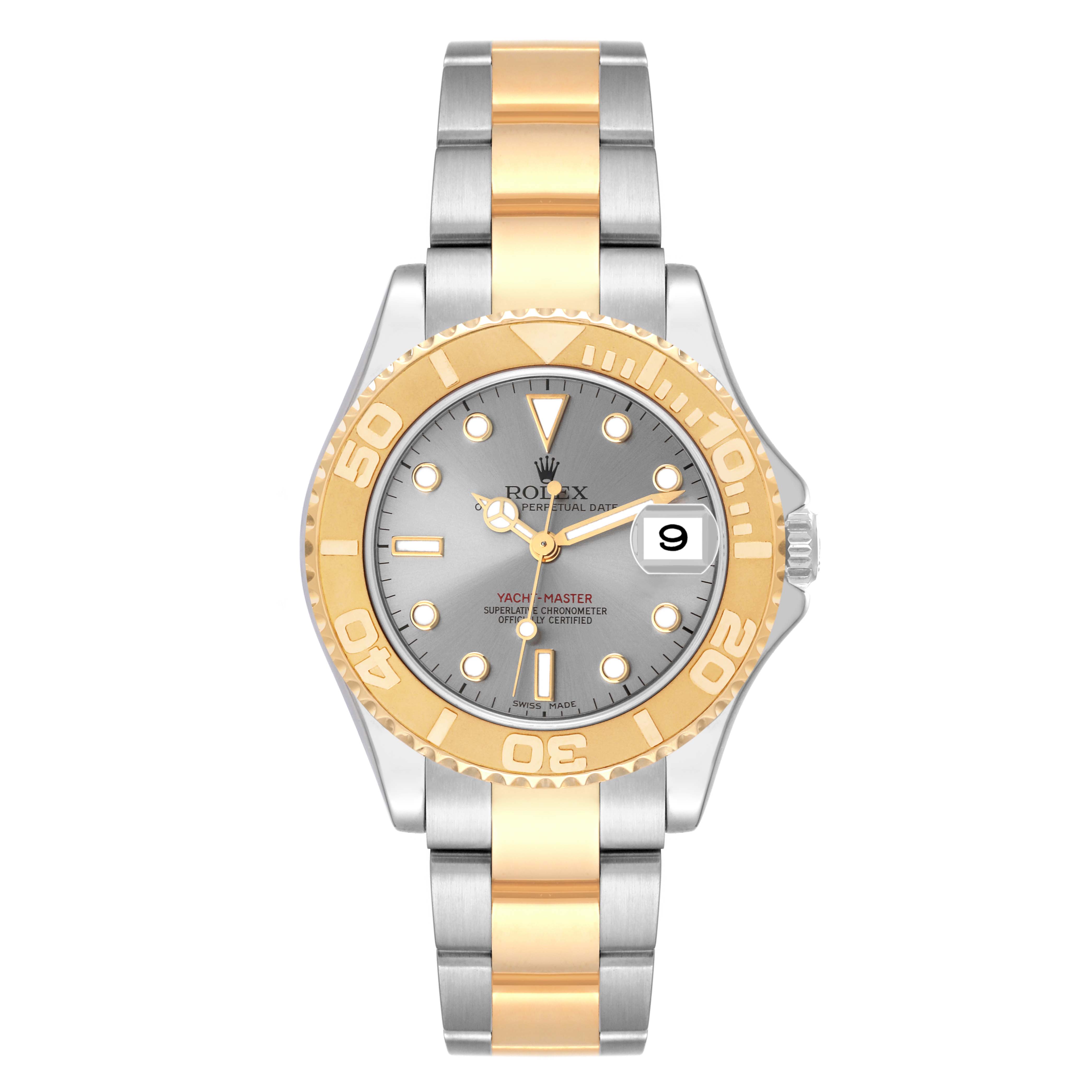 The image shows a front view of a Rolex Yacht-Master 168623 Men's Steel and Gold (two tone) Grey Dial 168623 Men's Steel and Gold (two tone) Grey Dial watch, highlighting its gold and silver tone bracelet and bezel.