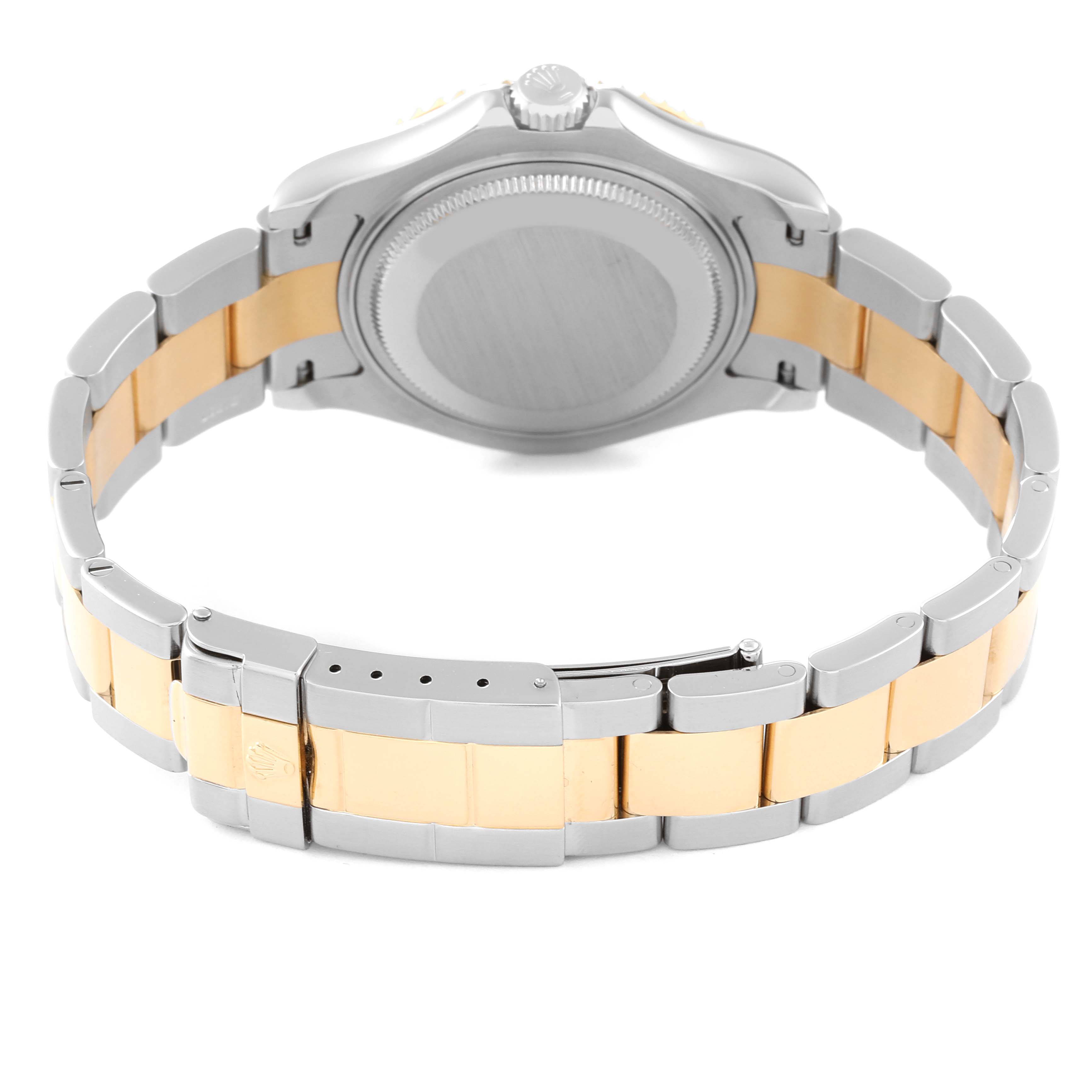 The image shows the back case and bracelet of a Rolex Yacht-Master 168623 Men's Steel and Gold (two tone) Grey Dial 168623 Men's Steel and Gold (two tone) Grey Dial watch from a rear angle.