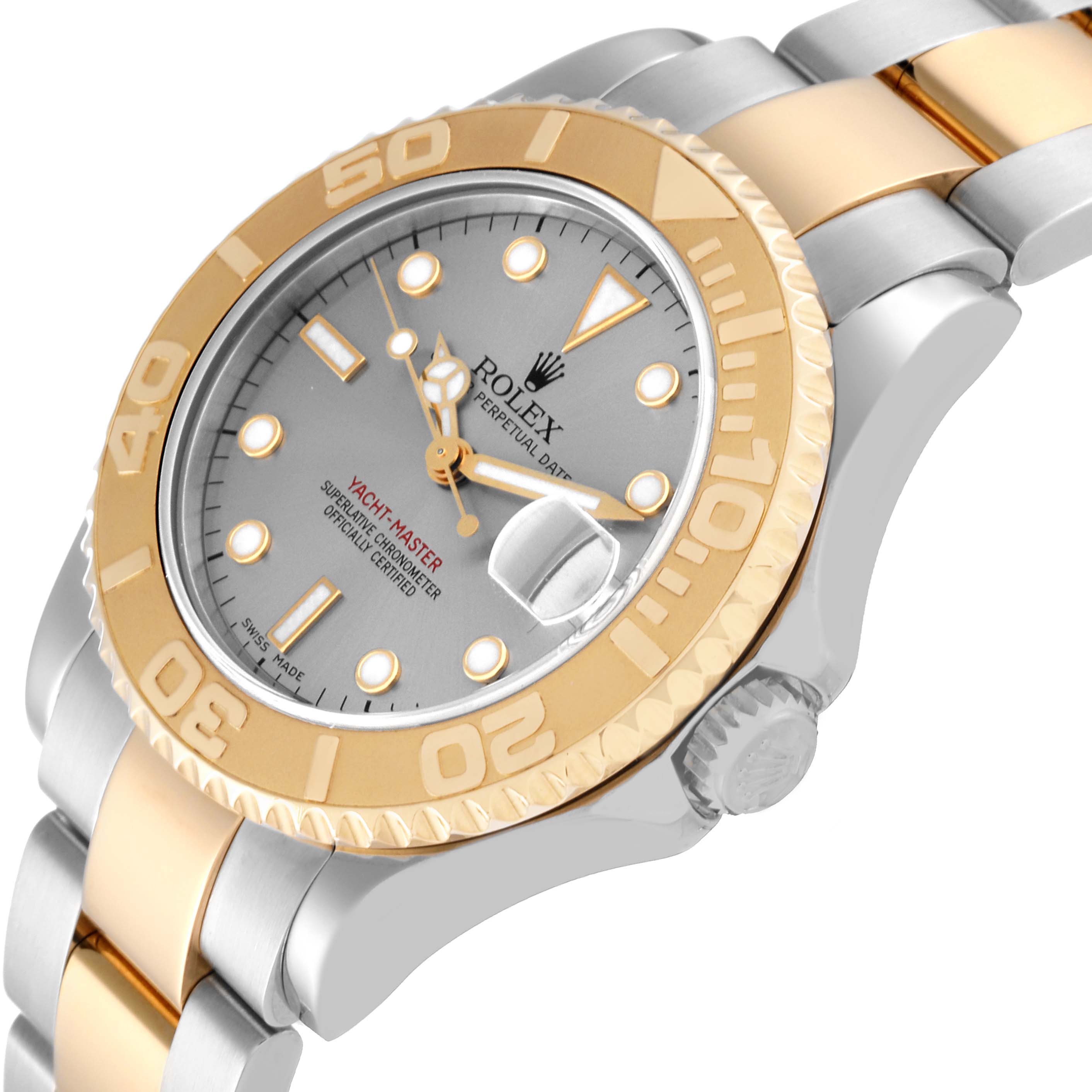 The image displays a close-up of the Rolex Yacht-Master 168623 Men's Steel and Gold (two tone) Grey Dial 168623 Men's Steel and Gold (two tone) Grey Dial watch at an angled view, showcasing its bezel, dial, and part of the bracelet.