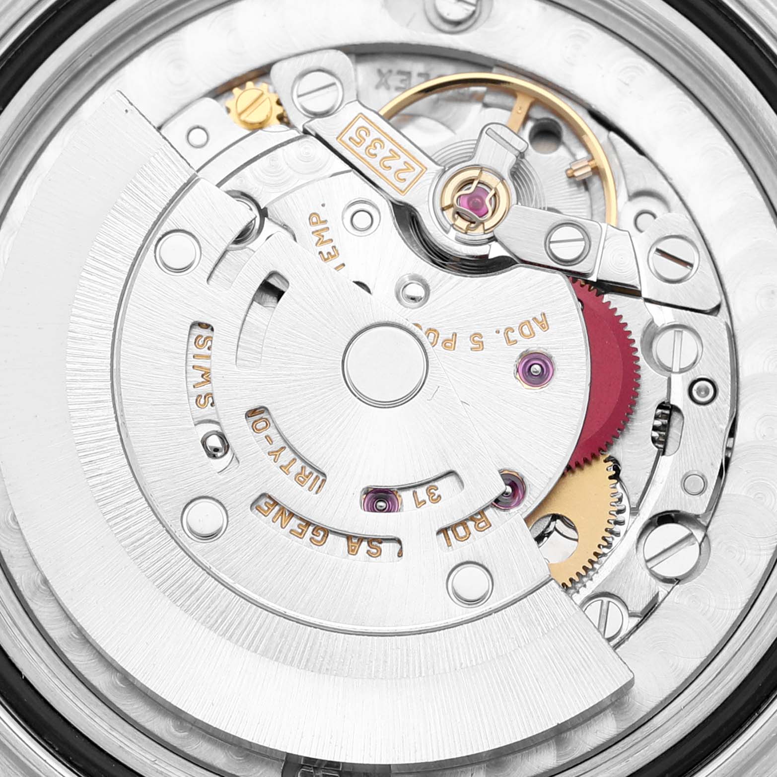 Close-up view of the inner mechanical movement and components of a Rolex Yacht-Master 168623 Men's Steel and Gold (two tone) Grey Dial 168623 Men's Steel and Gold (two tone) Grey Dial watch.