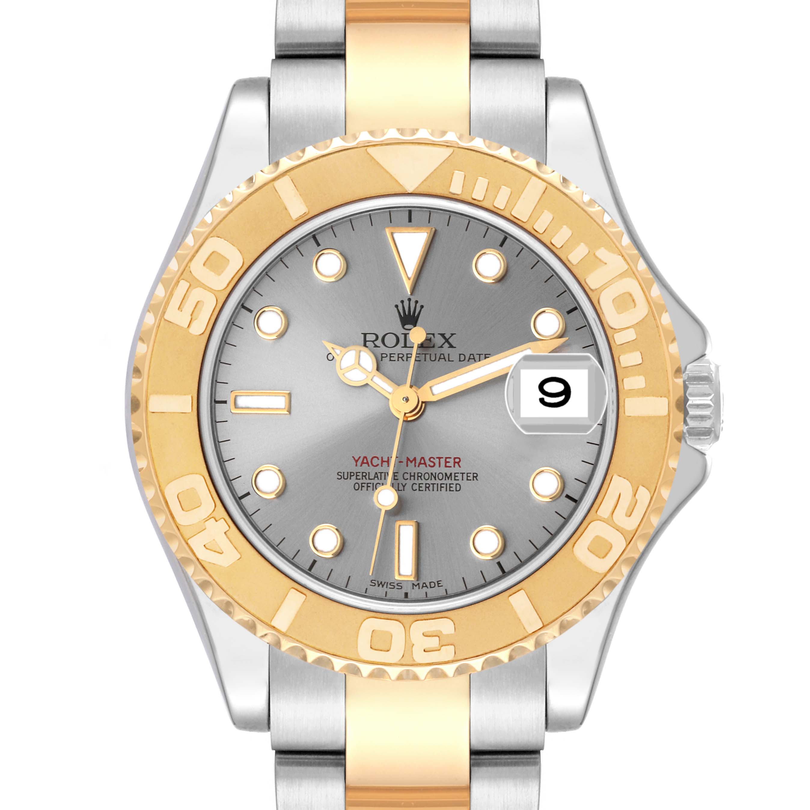 The image shows the dial, bezel, crown, and part of the bracelet of the Rolex Yacht-Master 168623 Men's Steel and Gold (two tone) Grey Dial 168623 Men's Steel and Gold (two tone) Grey Dial watch from a front angle.