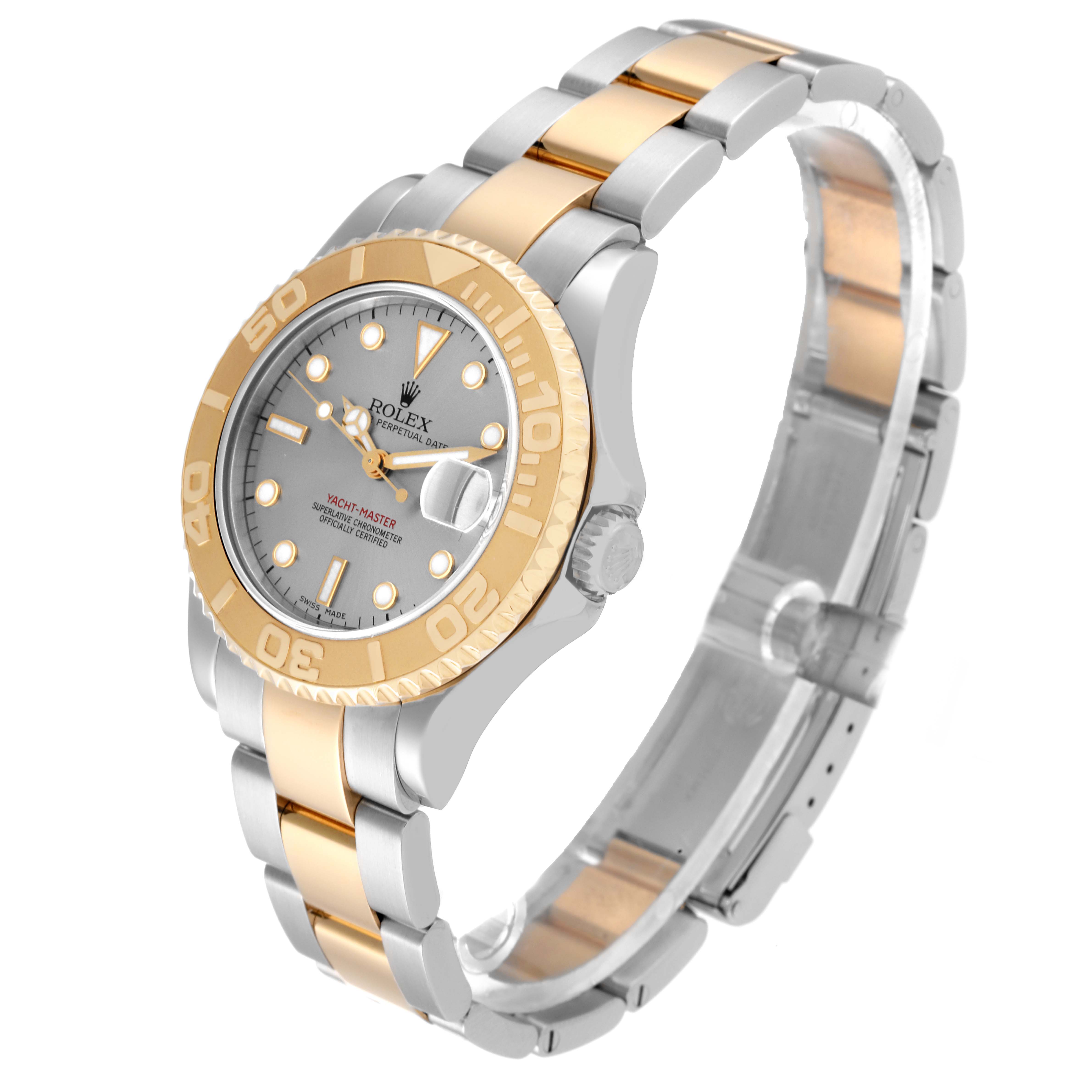 The image shows a Rolex Yacht-Master 168623 Men's Steel and Gold (two tone) Grey Dial 168623 Men's Steel and Gold (two tone) Grey Dial watch at a three-quarters angle, highlighting its dial, bezel, and two-tone bracelet.