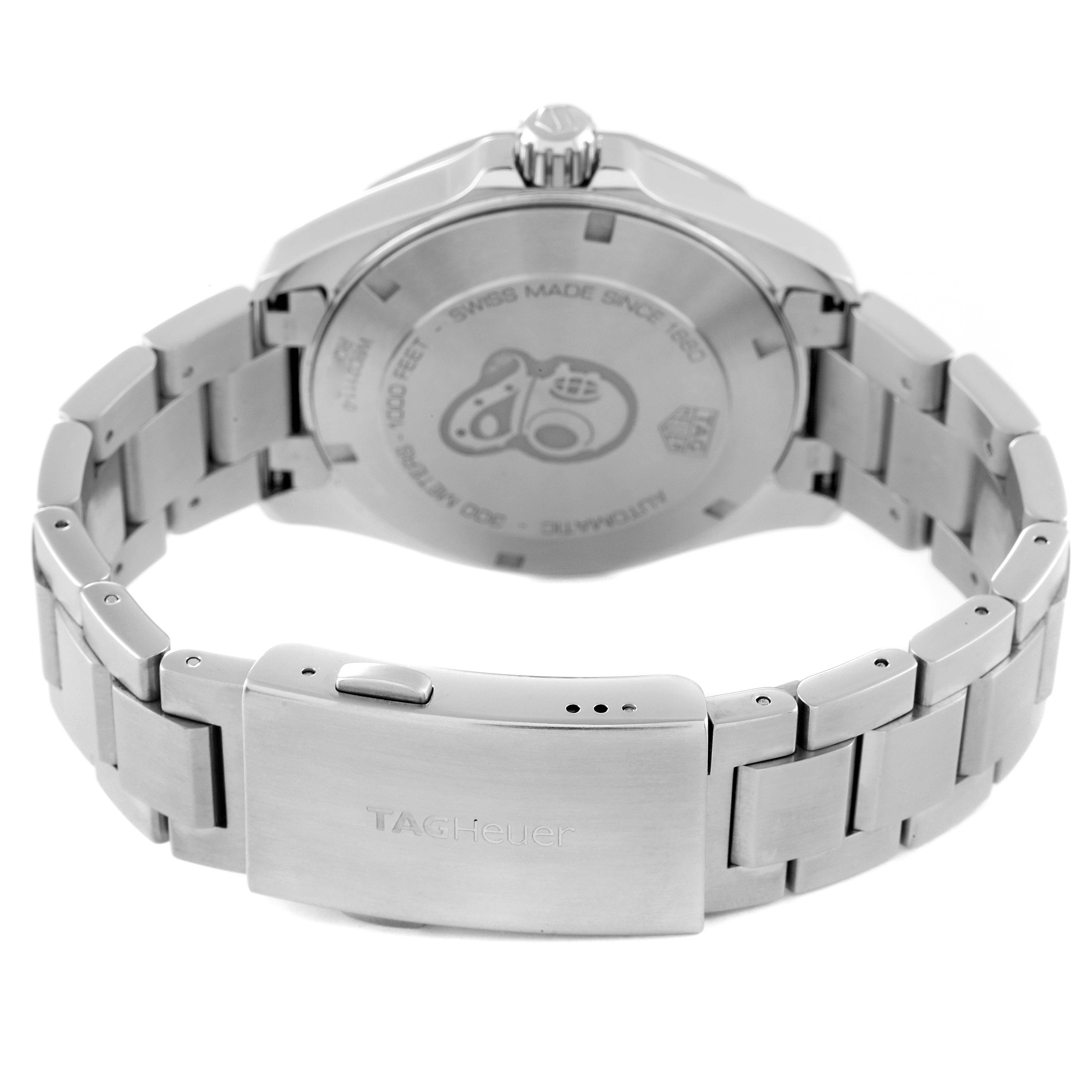 The image shows the back of the Tag Heuer Aquaracer WBD2111.BA0928 Men's Stainless Steel White Dial WBD2111.BA0928 Men's Stainless Steel White Dial watch and its metallic bracelet clasp.