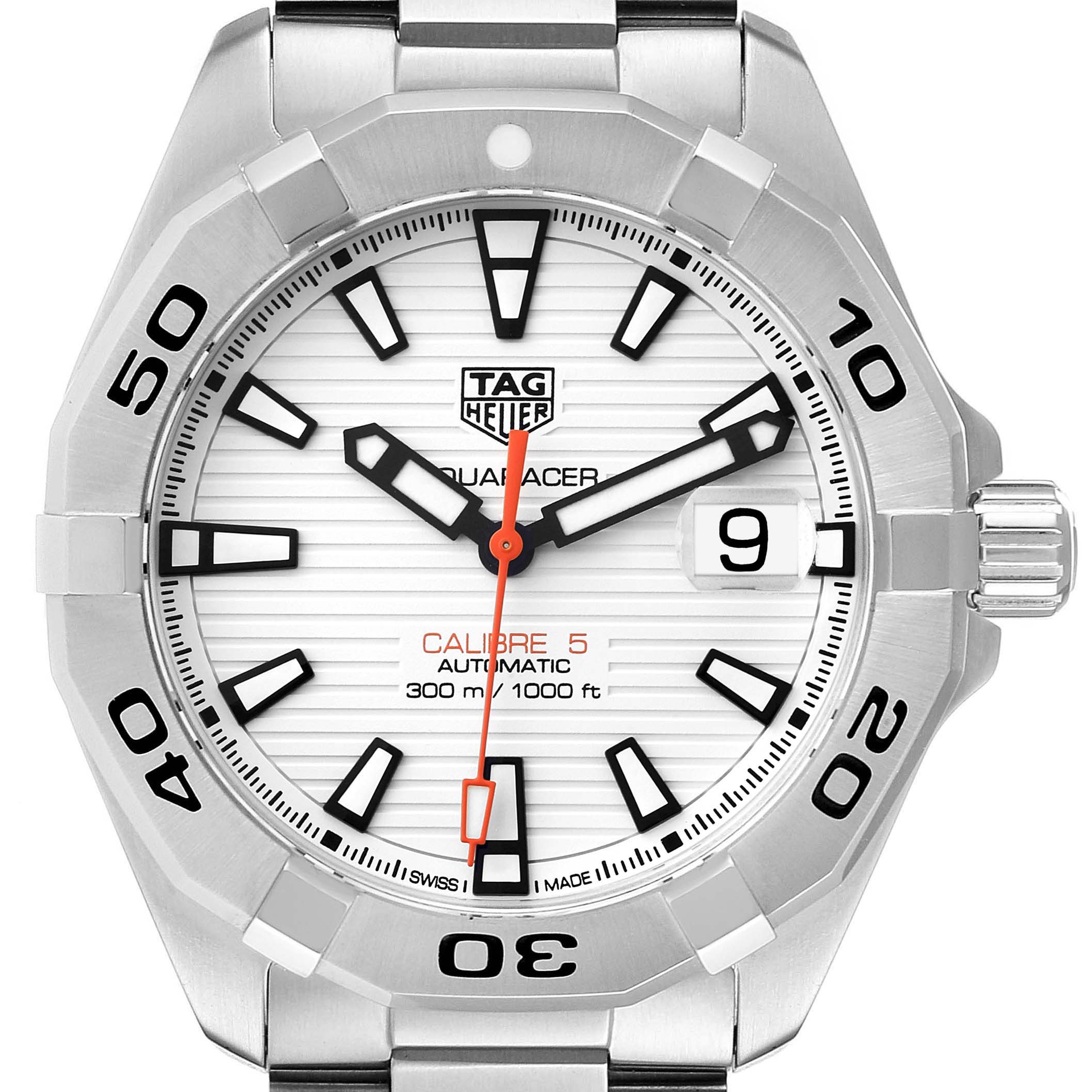 The image shows a front view of a Tag Heuer Aquaracer WBD2111.BA0928 Men's Stainless Steel White Dial WBD2111.BA0928 Men's Stainless Steel White Dial watch, highlighting its dial, bezel, and bracelet.