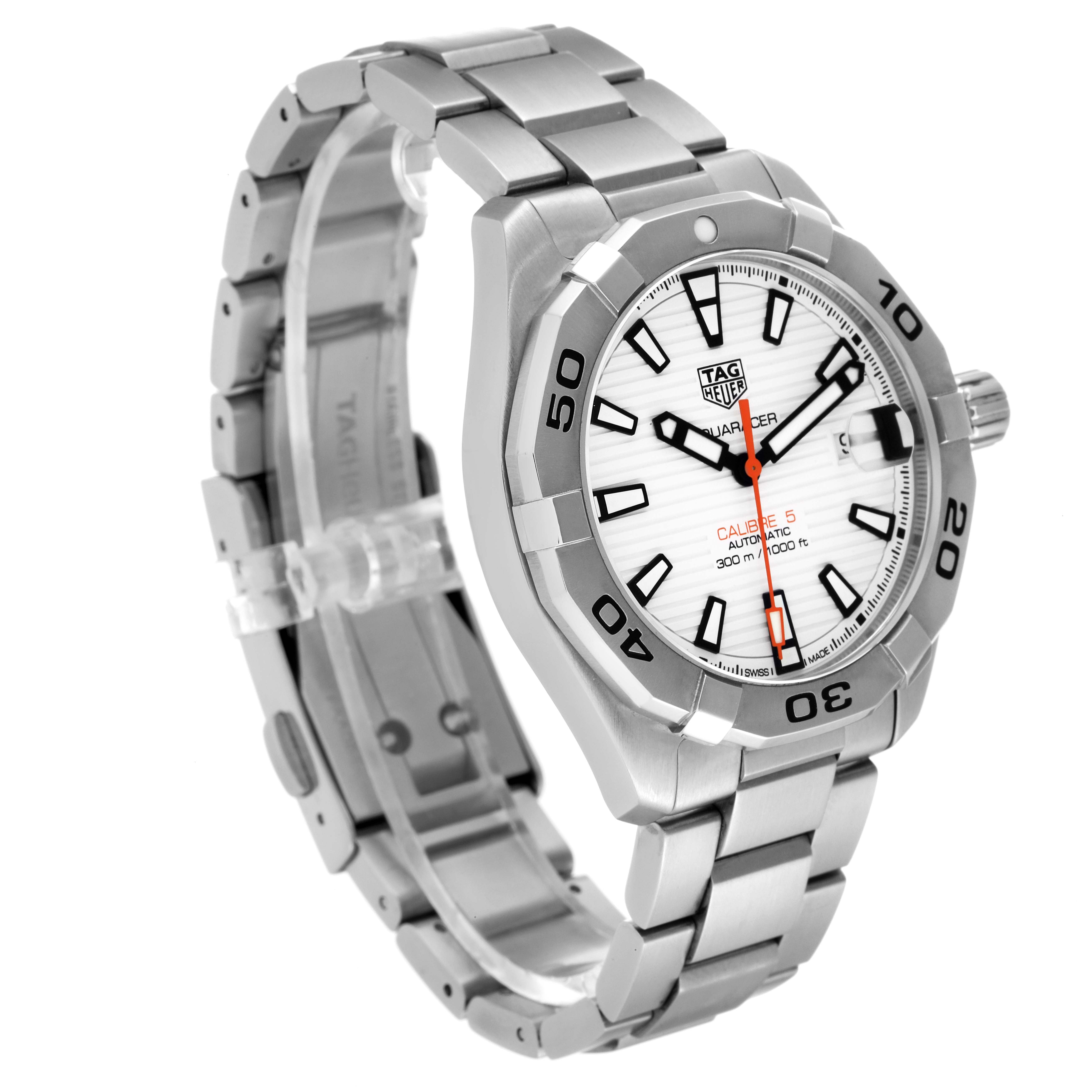 The image shows the Tag Heuer Aquaracer WBD2111.BA0928 Men's Stainless Steel White Dial WBD2111.BA0928 Men's Stainless Steel White Dial watch from a three-quarter angle, highlighting its face, bezel, and metal bracelet.
