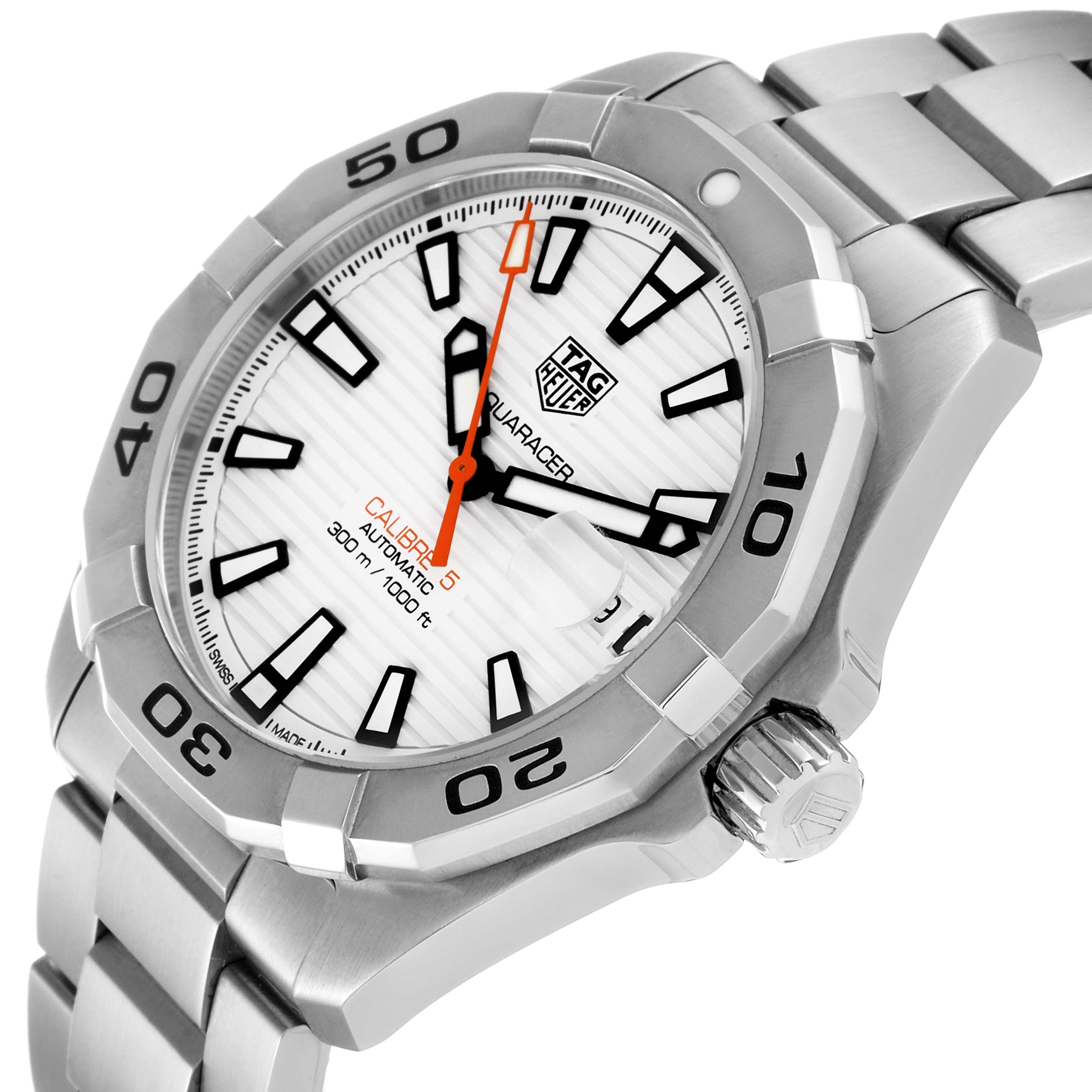The image shows a close-up of the Tag Heuer Aquaracer WBD2111.BA0928 Men's Stainless Steel White Dial WBD2111.BA0928 Men's Stainless Steel White Dial watch face and bracelet from an angled perspective.