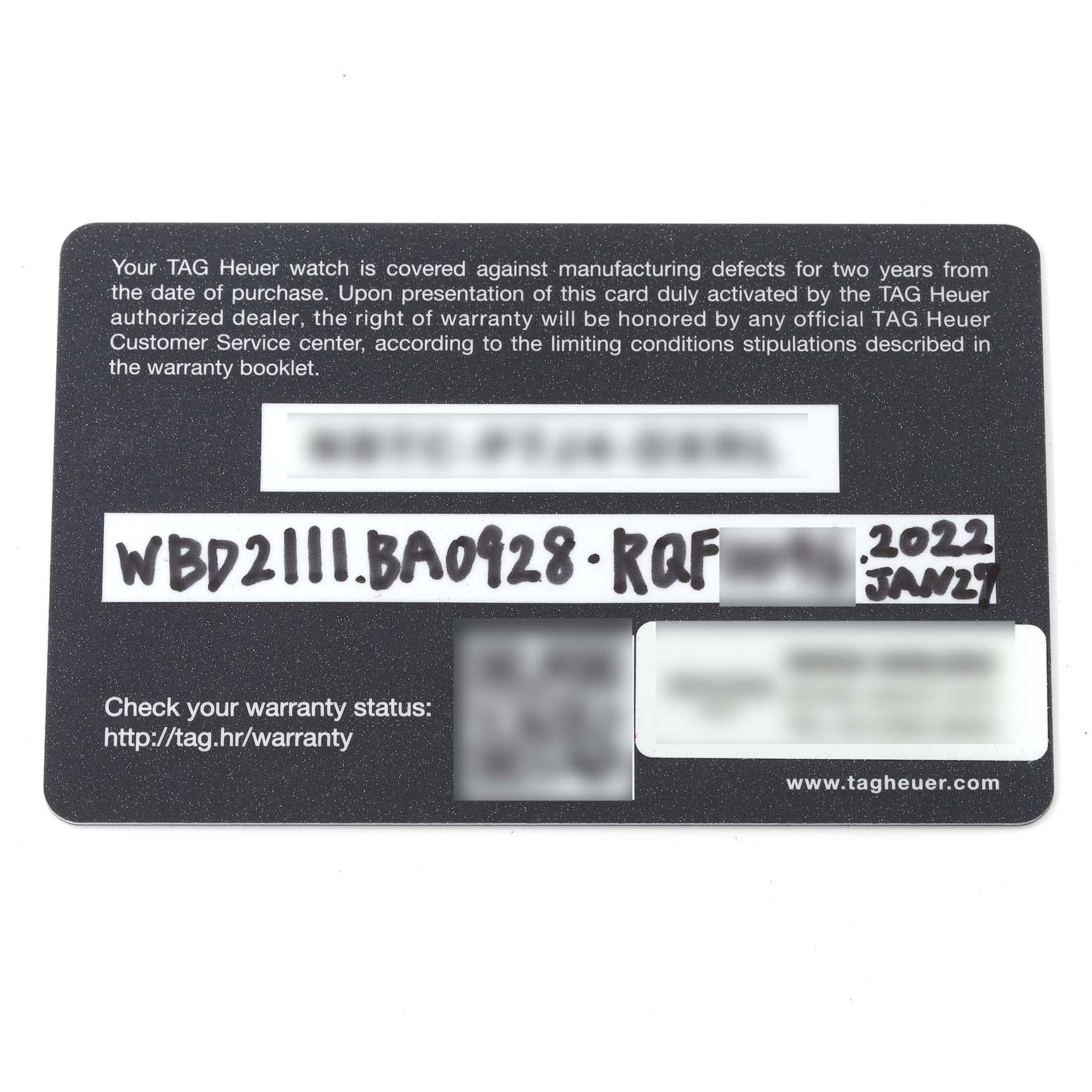 The image shows a top-down view of the warranty card for the Tag Heuer Aquaracer WBD2111.BA0928 Men's Stainless Steel White Dial WBD2111.BA0928 Men's Stainless Steel White Dial model watch.
