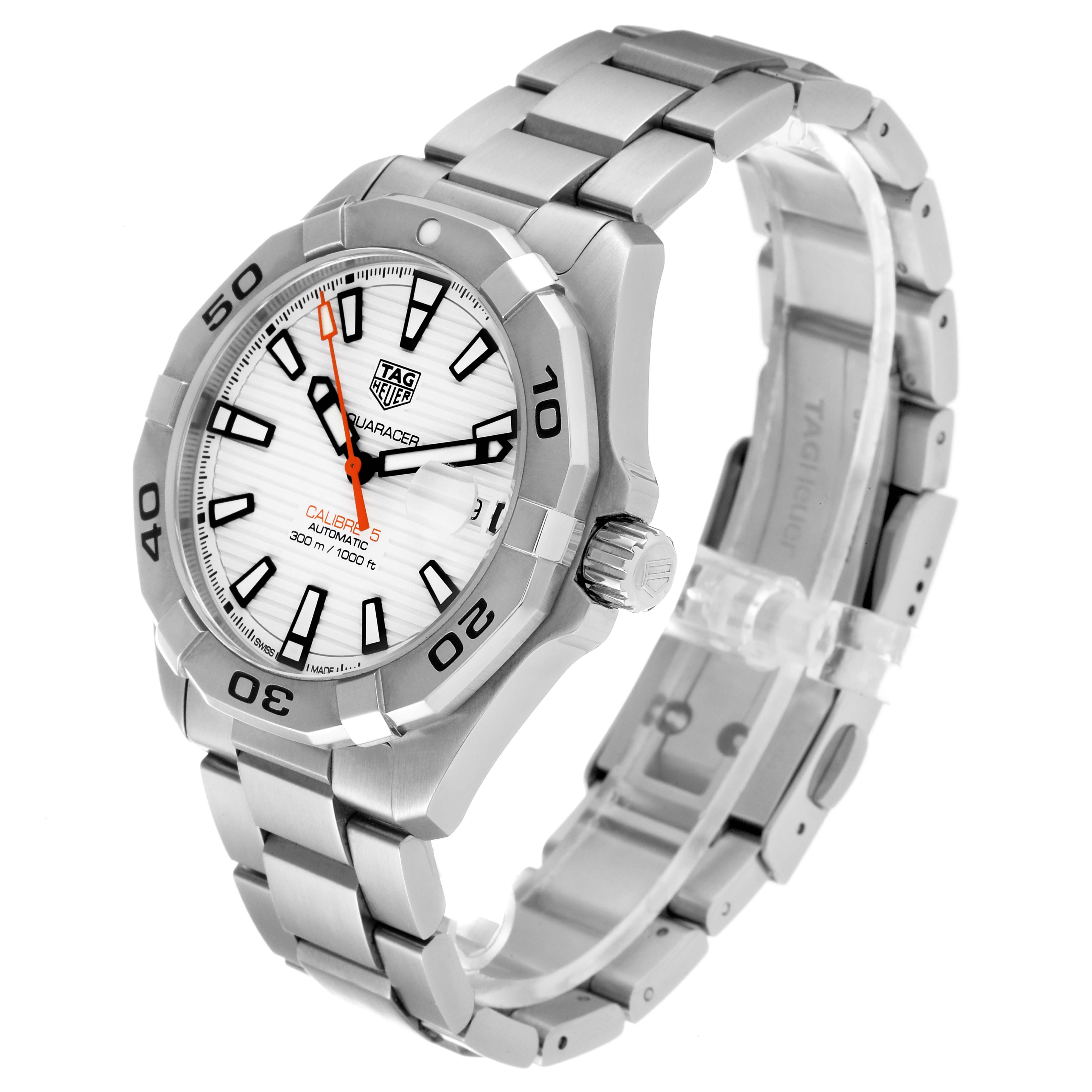 The image shows a Tag Heuer Aquaracer WBD2111.BA0928 Men's Stainless Steel White Dial WBD2111.BA0928 Men's Stainless Steel White Dial watch at a three-quarter angle, highlighting the face, bezel, crown, and bracelet.