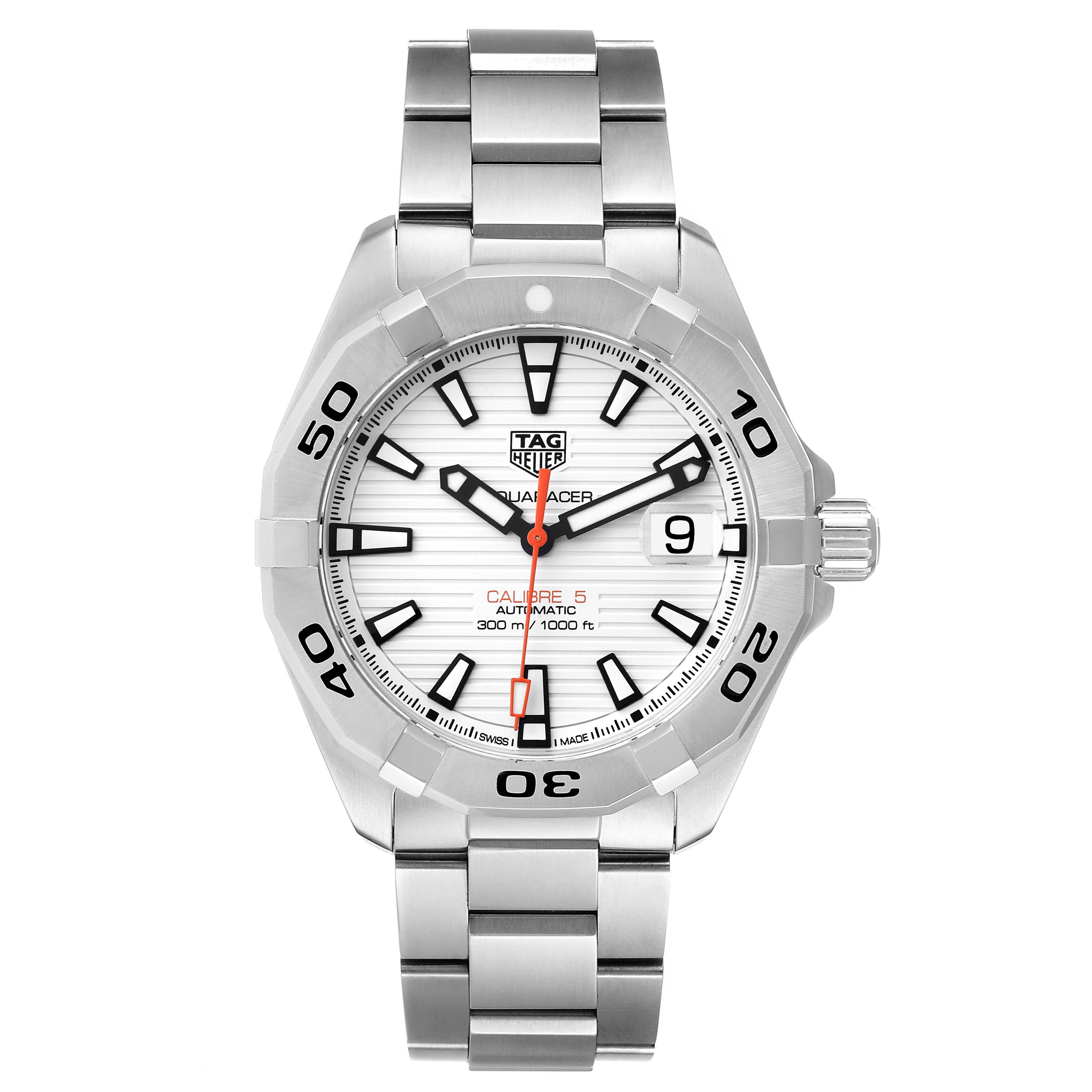 The Tag Heuer Aquaracer WBD2111.BA0928 Men's Stainless Steel White Dial WBD2111.BA0928 Men's Stainless Steel White Dial watch is shown from a front angle, displaying the dial, bezel, crown, and bracelet.
