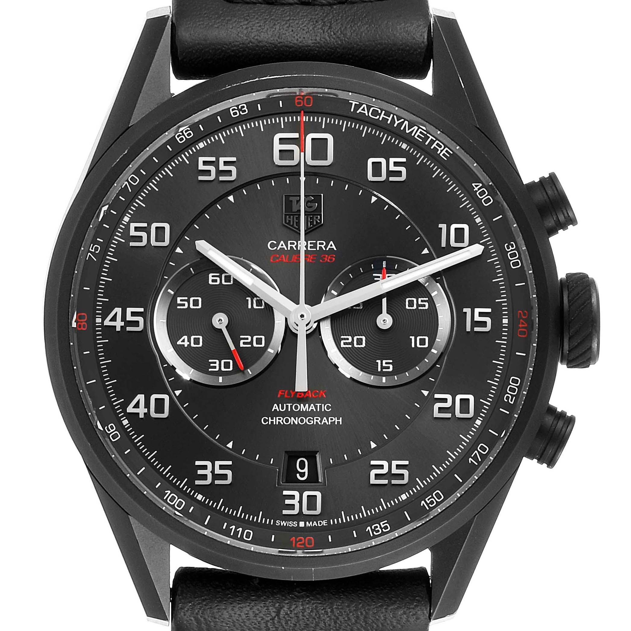 The image shows a front view of the Tag Heuer Carrera CAR2B80.FC6325 Men's Titanium Black Dial CAR2B80.FC6325 Men's Titanium Black Dial watch, highlighting the dial, subdials, and tachymetre.