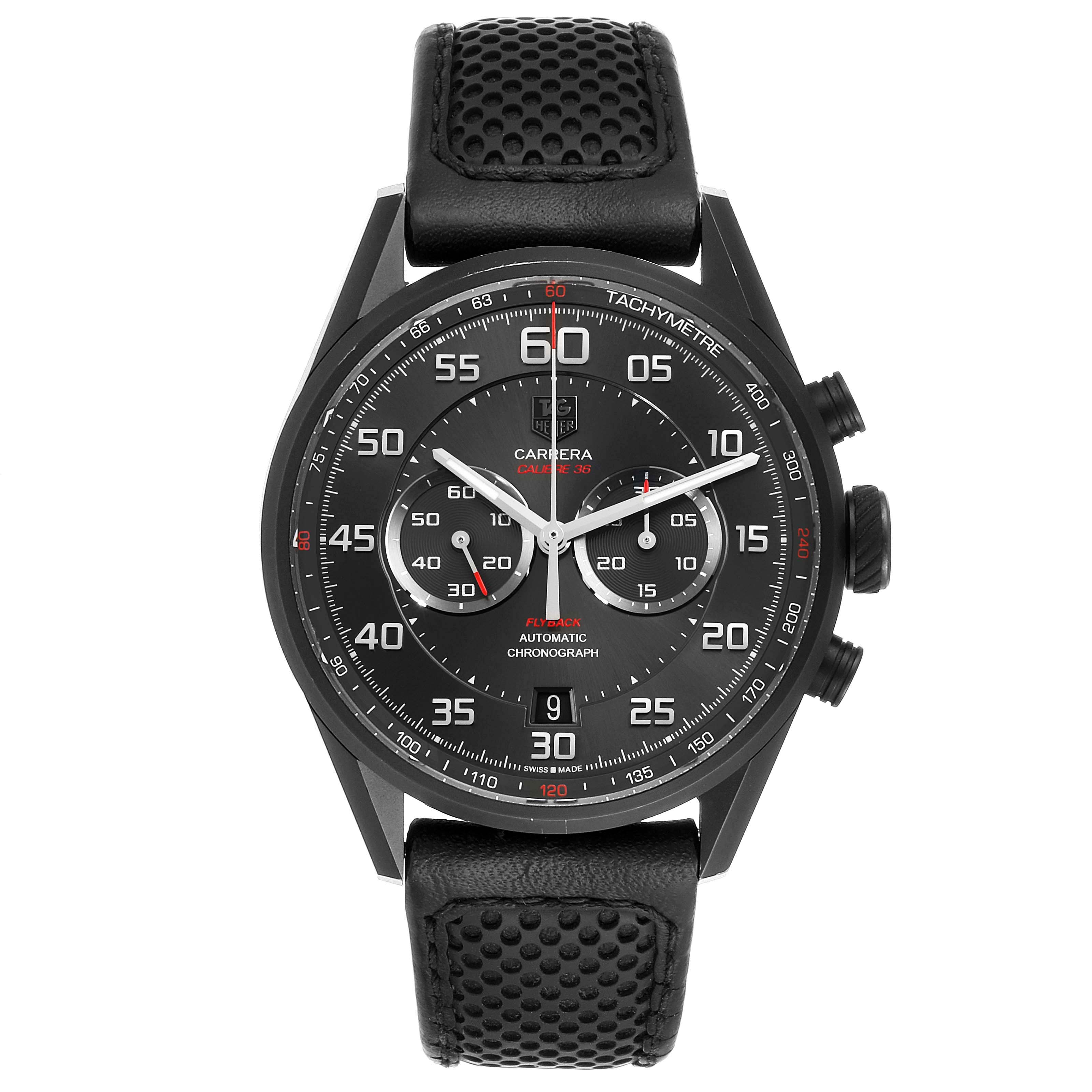 The image shows a front view of the Tag Heuer Carrera CAR2B80.FC6325 Men's Titanium Black Dial CAR2B80.FC6325 Men's Titanium Black Dial watch, displaying the dial, bezel, and perforated leather strap.