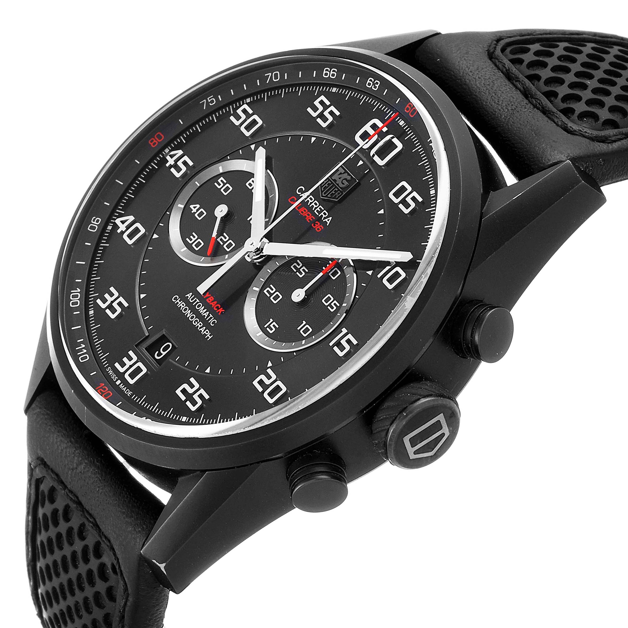 This image shows a side angle of the Tag Heuer Carrera CAR2B80.FC6325 Men's Titanium Black Dial CAR2B80.FC6325 Men's Titanium Black Dial watch, highlighting the dial, crown, pushers, and part of the strap.