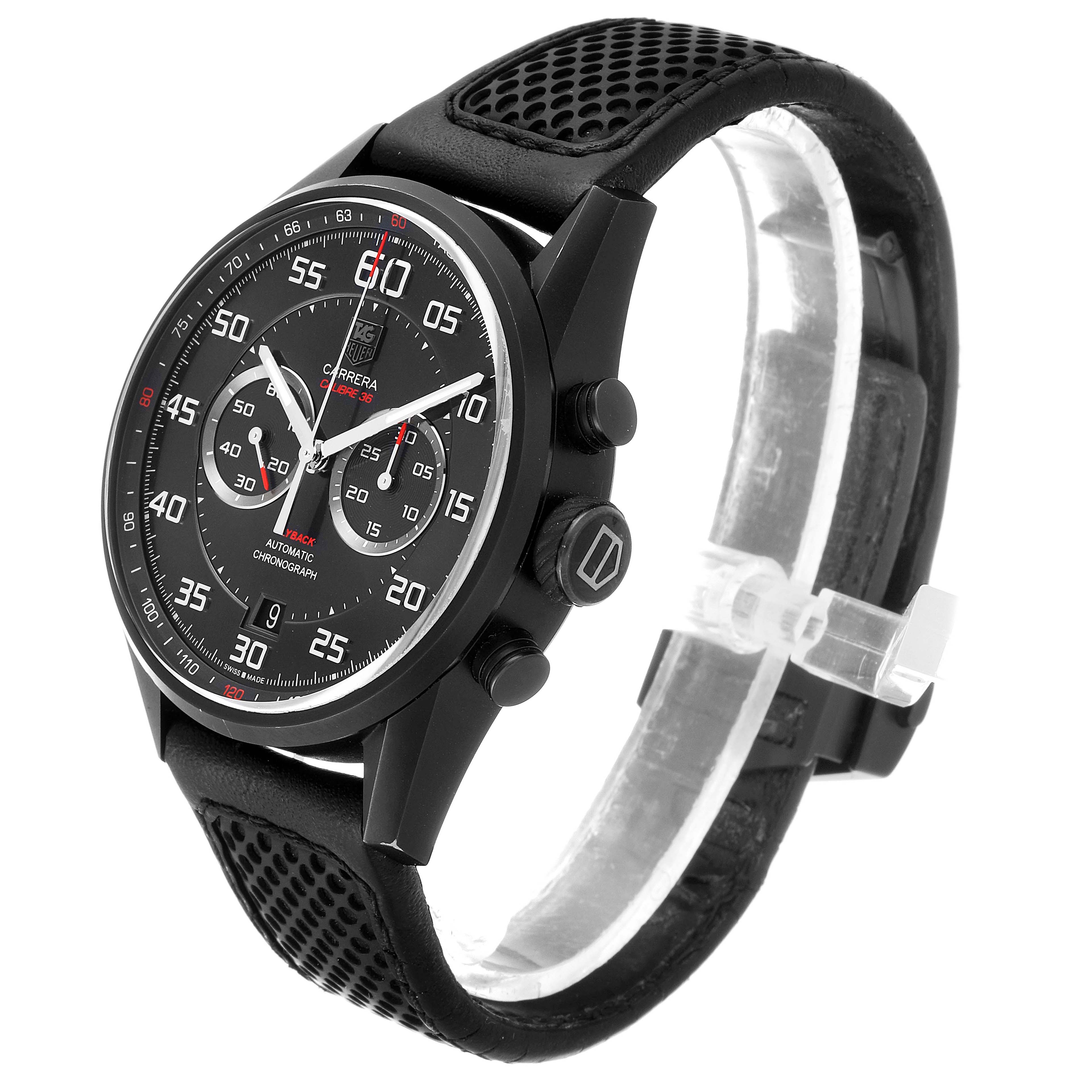 The Tag Heuer Carrera CAR2B80.FC6325 Men's Titanium Black Dial CAR2B80.FC6325 Men's Titanium Black Dial model watch is shown at a three-quarter angle, highlighting the face, crown, and part of the strap.