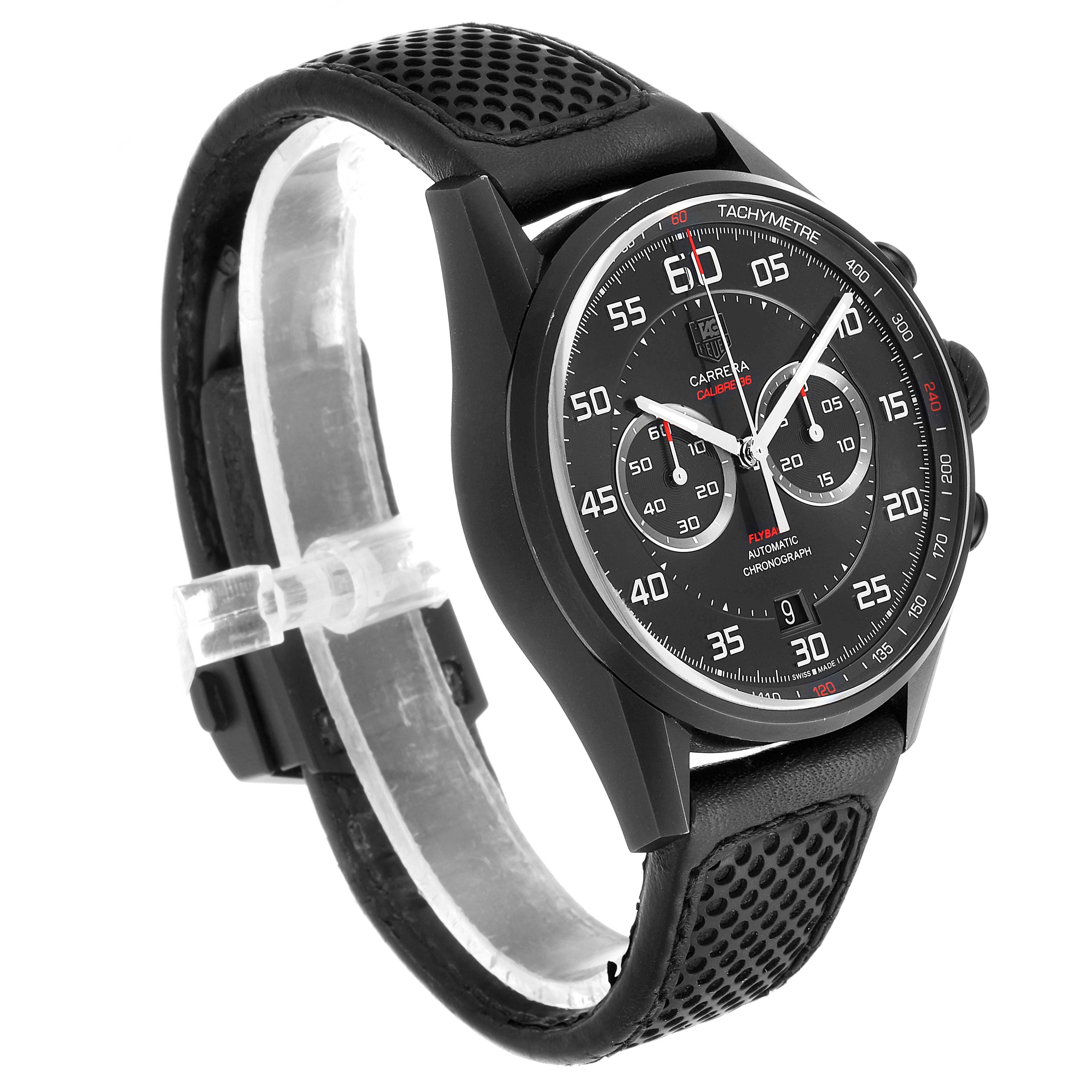 The image shows a side-angle view of a Tag Heuer Carrera CAR2B80.FC6325 Men's Titanium Black Dial CAR2B80.FC6325 Men's Titanium Black Dial model watch highlighting the dial, tachymeter bezel, and perforated leather strap.