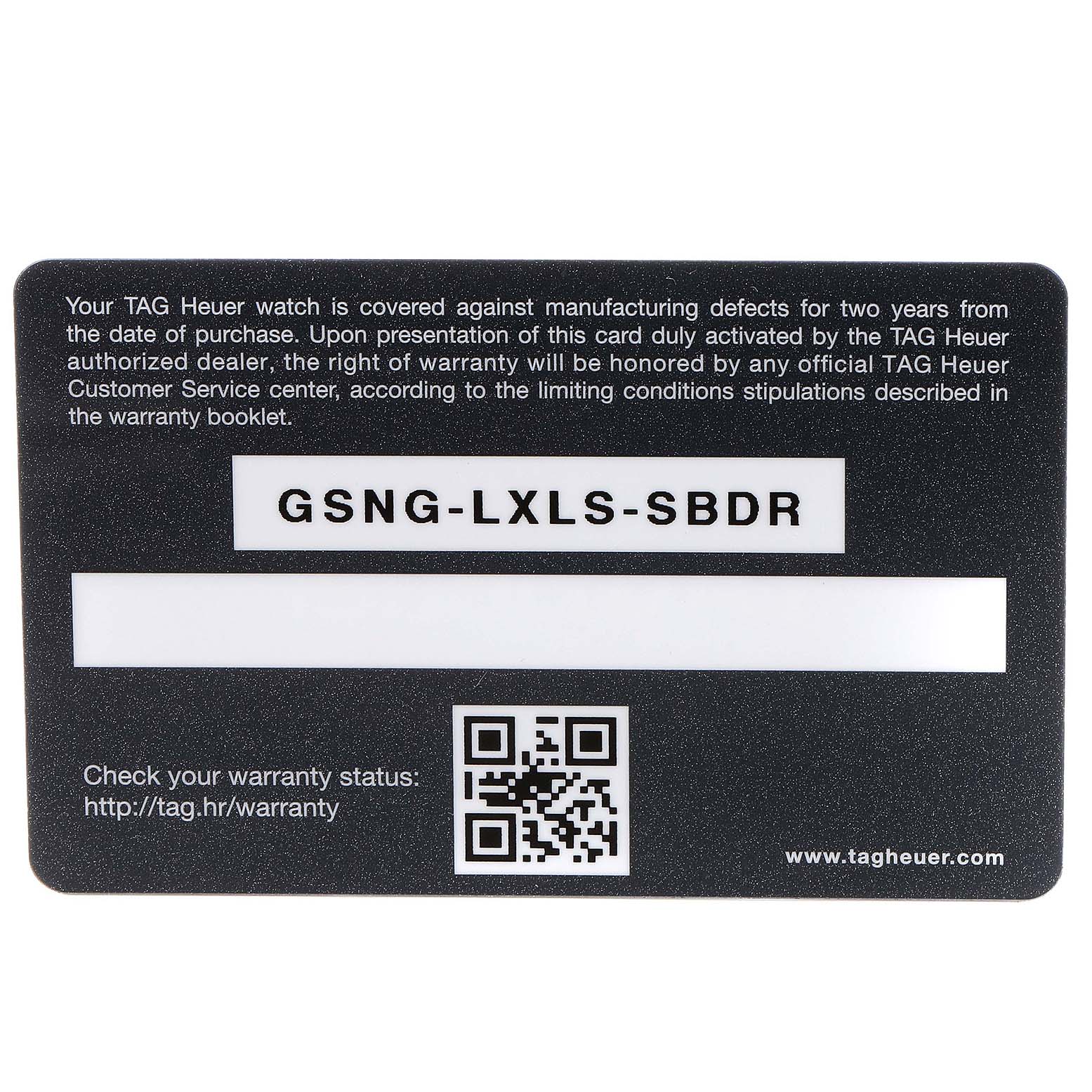 The image shows a straight-on view of the warranty card for the Tag Heuer Connected SAR2A80.FT6049 Men's Titanium Black Dial SAR2A80.FT6049 Men's Titanium Black Dial watch model.