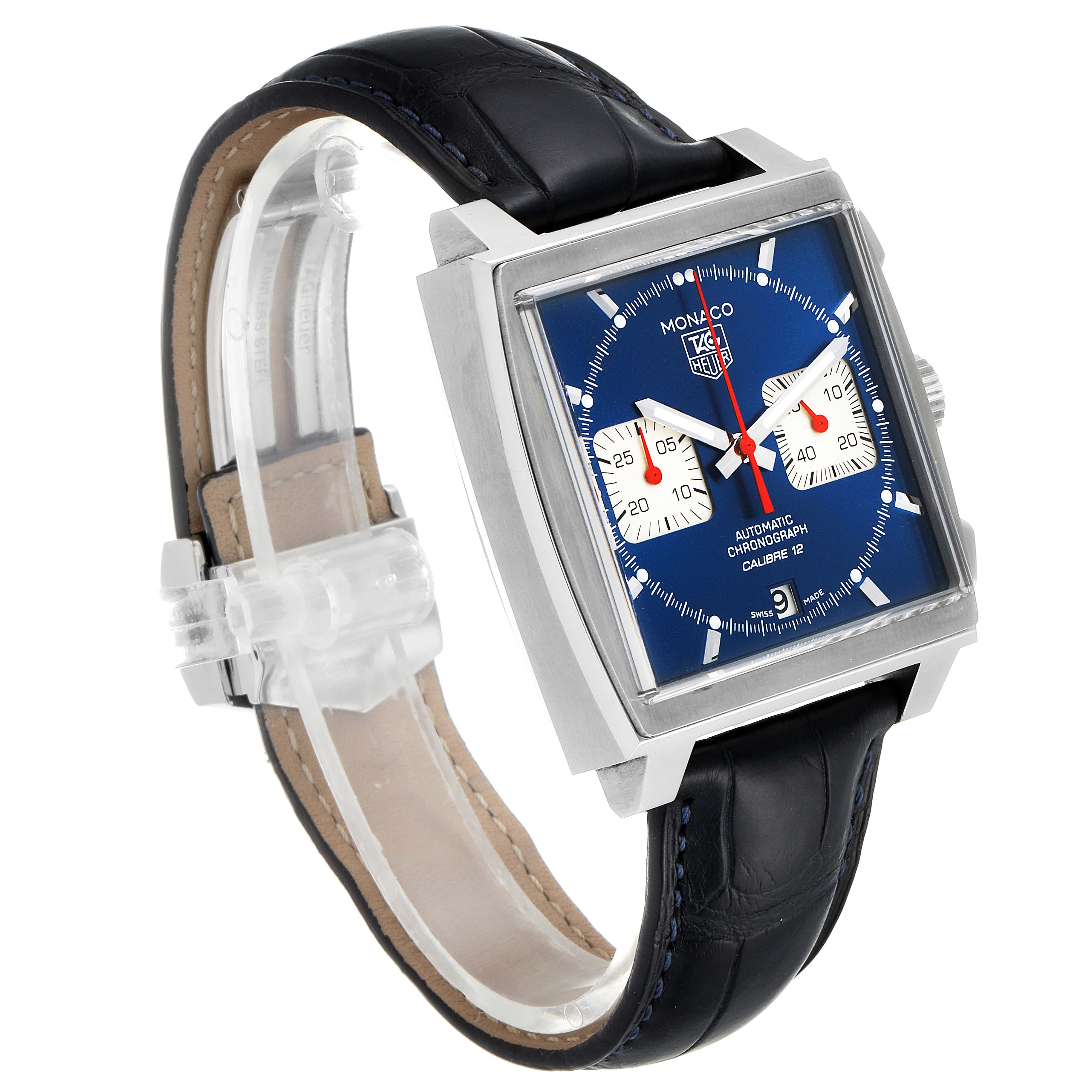 This is a Tag Heuer Monaco CAW2111 Men
s Stainless Steel Blue Dial CAW2111 Men
s Stainless Steel Blue Dial watch shown at an angled side view, displaying its blue square dial, chronograph subdials, and black leather strap.