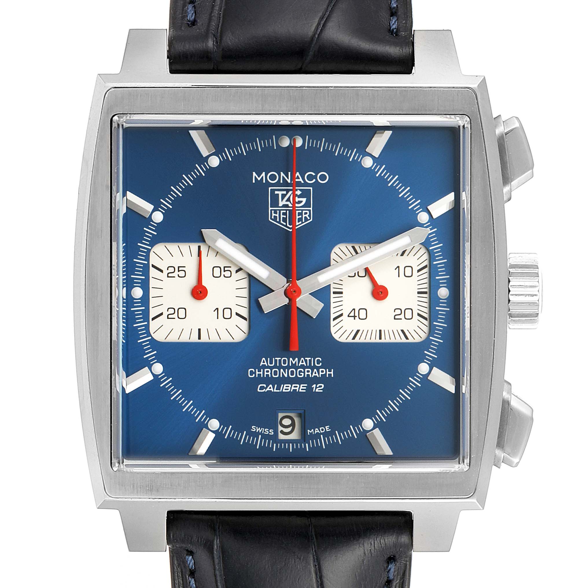 The image shows the front view of a Tag Heuer Monaco CAW2111 Men
s Stainless Steel Blue Dial CAW2111 Men
s Stainless Steel Blue Dial watch, highlighting its square face, blue dial, and chronograph subdials.