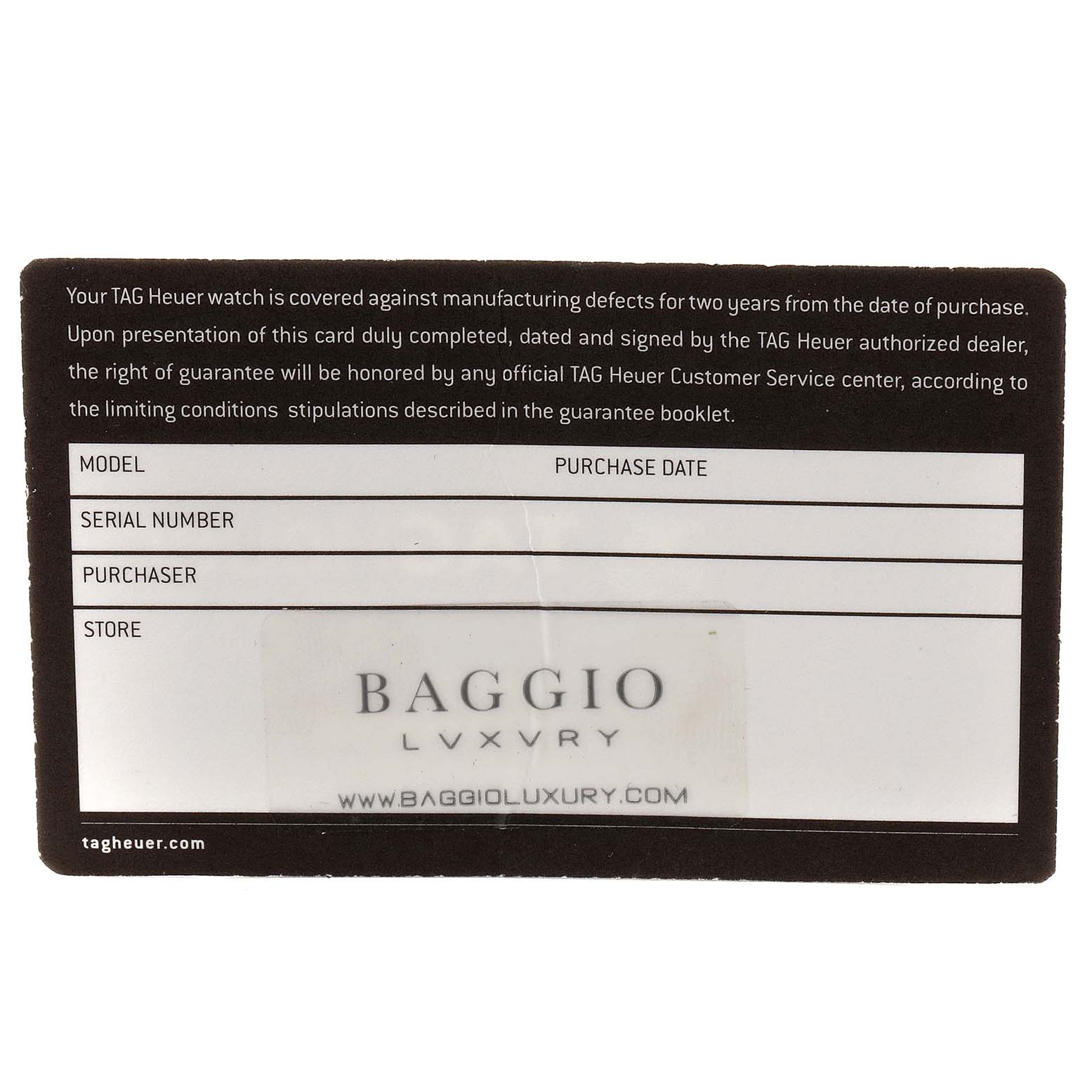 This image shows a warranty card for the Monaco model by TAG Heuer, issued by Baggio Luxury.