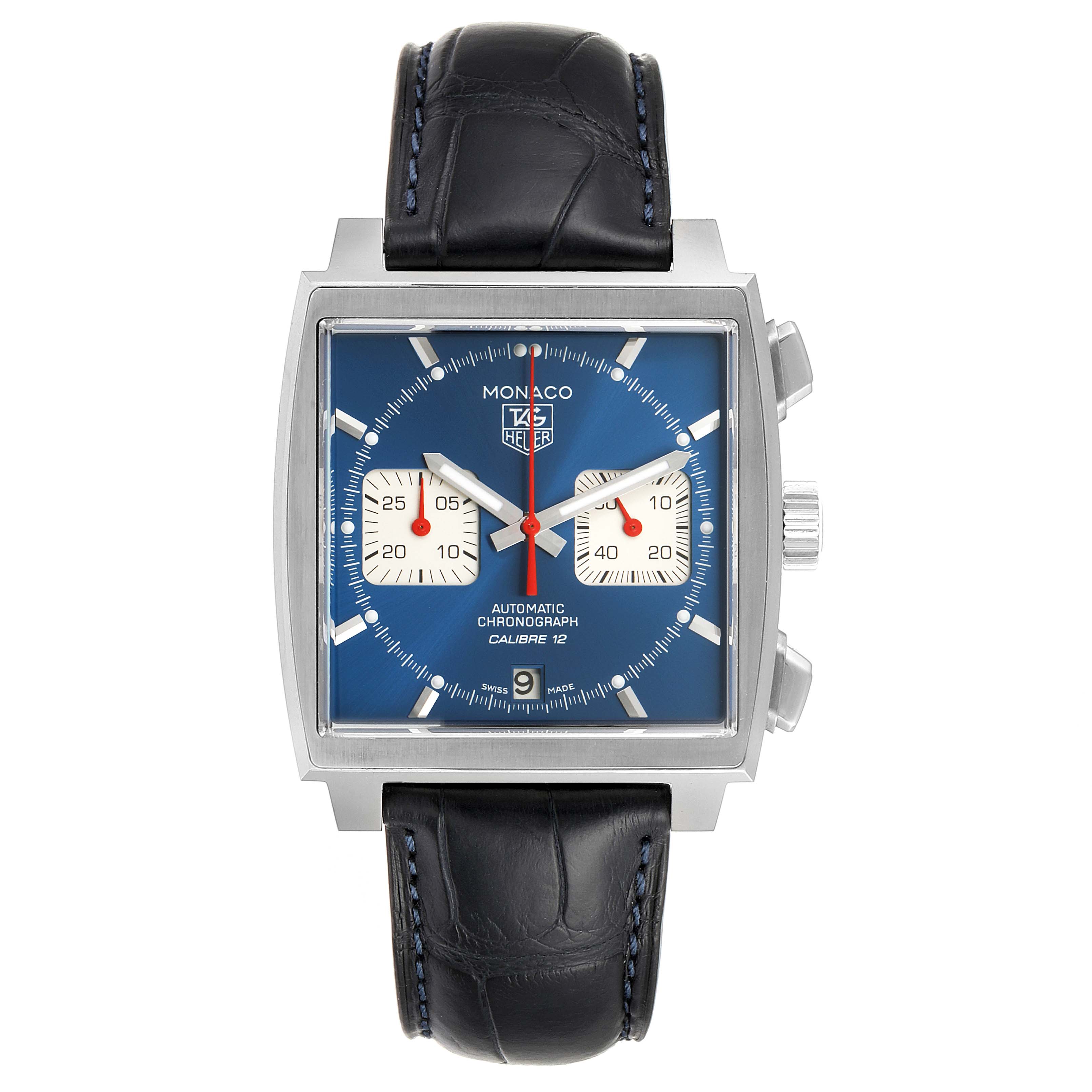 The image shows a front view of the Tag Heuer Monaco CAW2111 Men
s Stainless Steel Blue Dial CAW2111 Men
s Stainless Steel Blue Dial watch, highlighting its square case, blue dial, sub-dials, and leather strap.