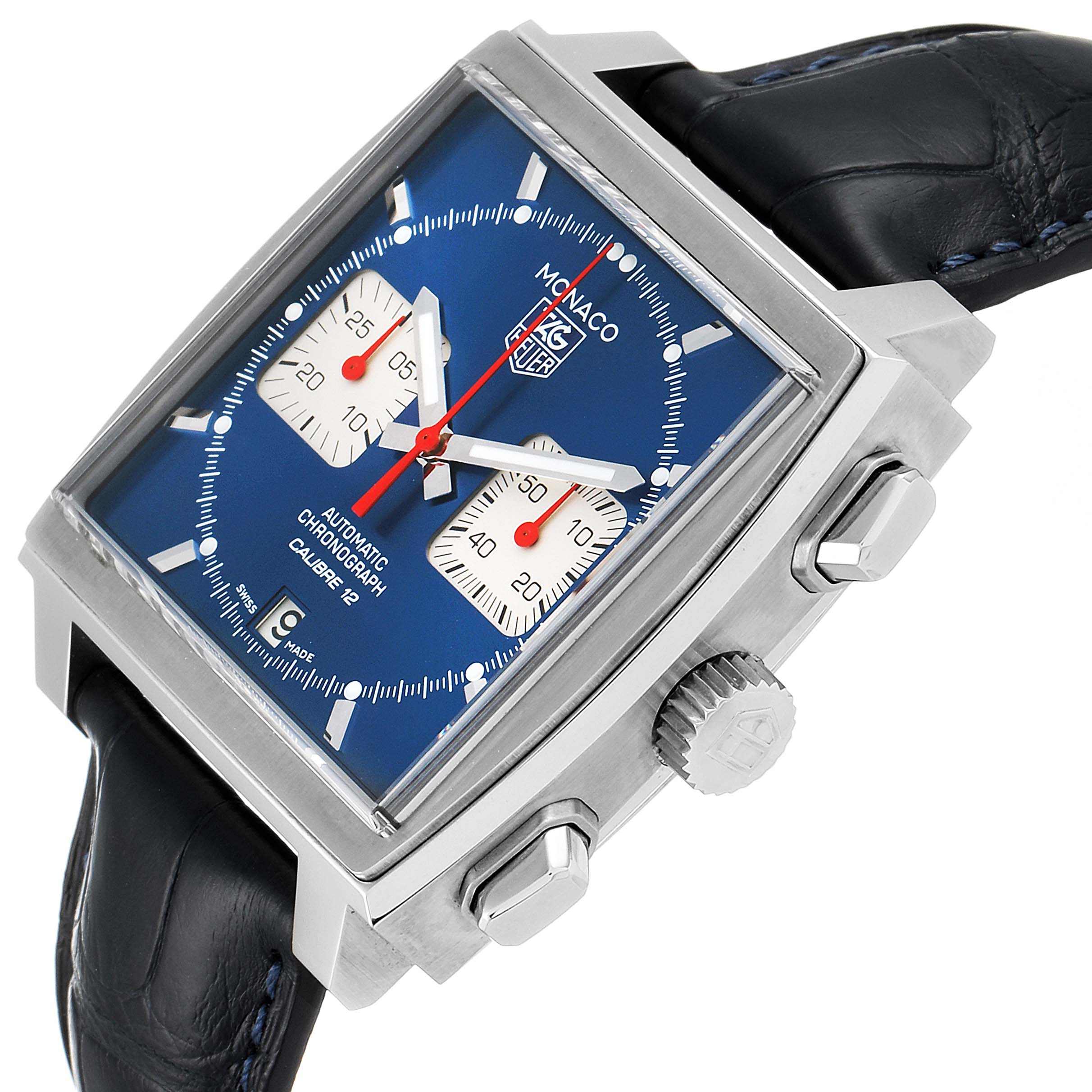 This image shows a Tag Heuer Monaco CAW2111 Men
s Stainless Steel Blue Dial CAW2111 Men
s Stainless Steel Blue Dial watch from an angled side view, highlighting the crown, pushers, and blue watch face.