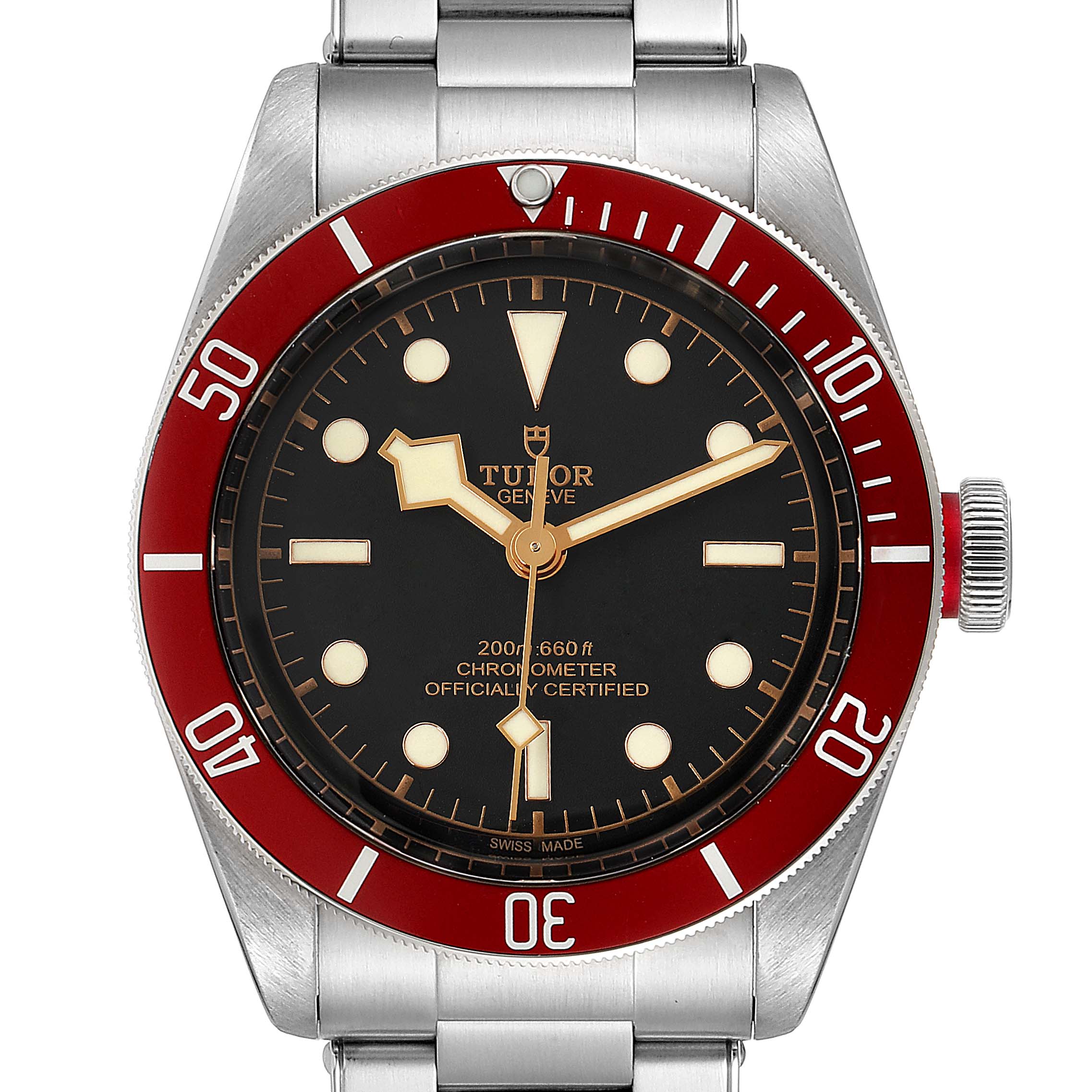 The image shows a front view of the Tudor Heritage Black Bay 79230R Men
s Stainless Steel Black Dial 79230R Men
s Stainless Steel Black Dial watch, highlighting its dial, bezel, and bracelet.