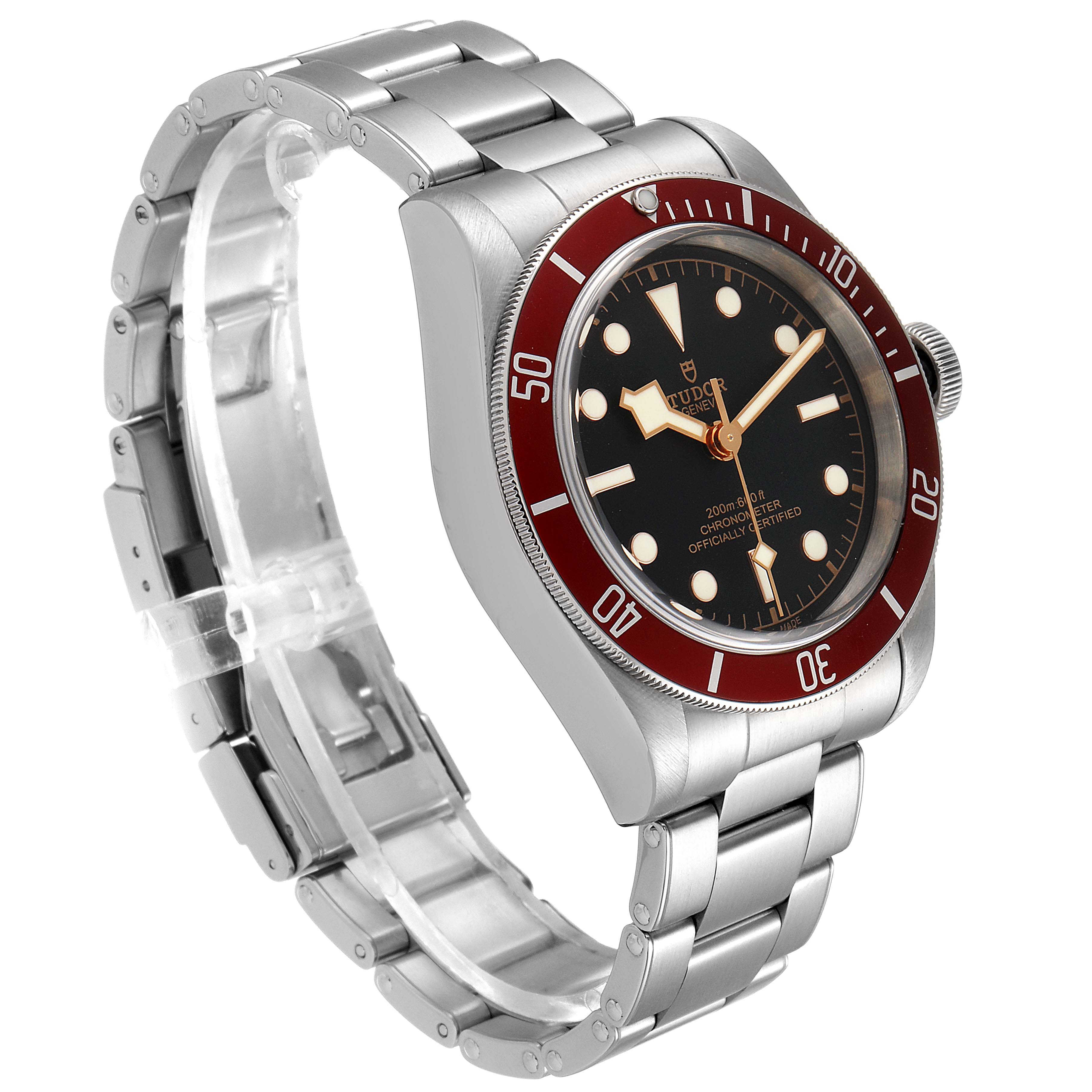 The Tudor Heritage Black Bay 79230R Men
s Stainless Steel Black Dial 79230R Men
s Stainless Steel Black Dial watch is shown from an angled view, displaying its face, bezel, crown, and metal bracelet.