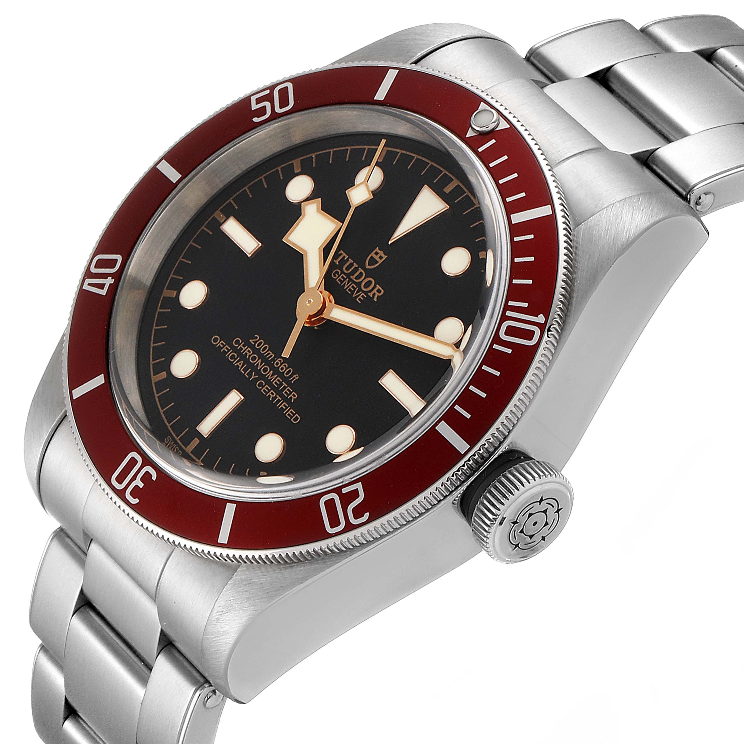 The Heritage Black Bay by Tudor is shown at an angle highlighting its face, bezel, crown, and bracelet.