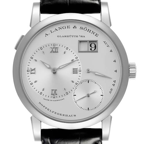 The Lange 1 watch by A. Lange & Söhne is shown from the front, displaying its dial, hands, subdials, and date window.