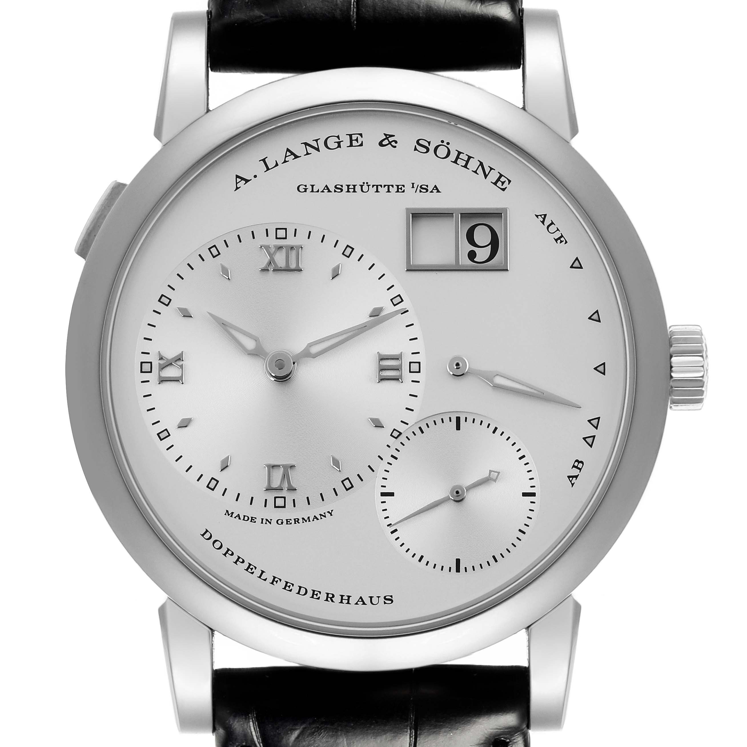 The Lange 1 by A. Lange 
Söhne is shown from a front angle, displaying the face, dials, and crown clearly.