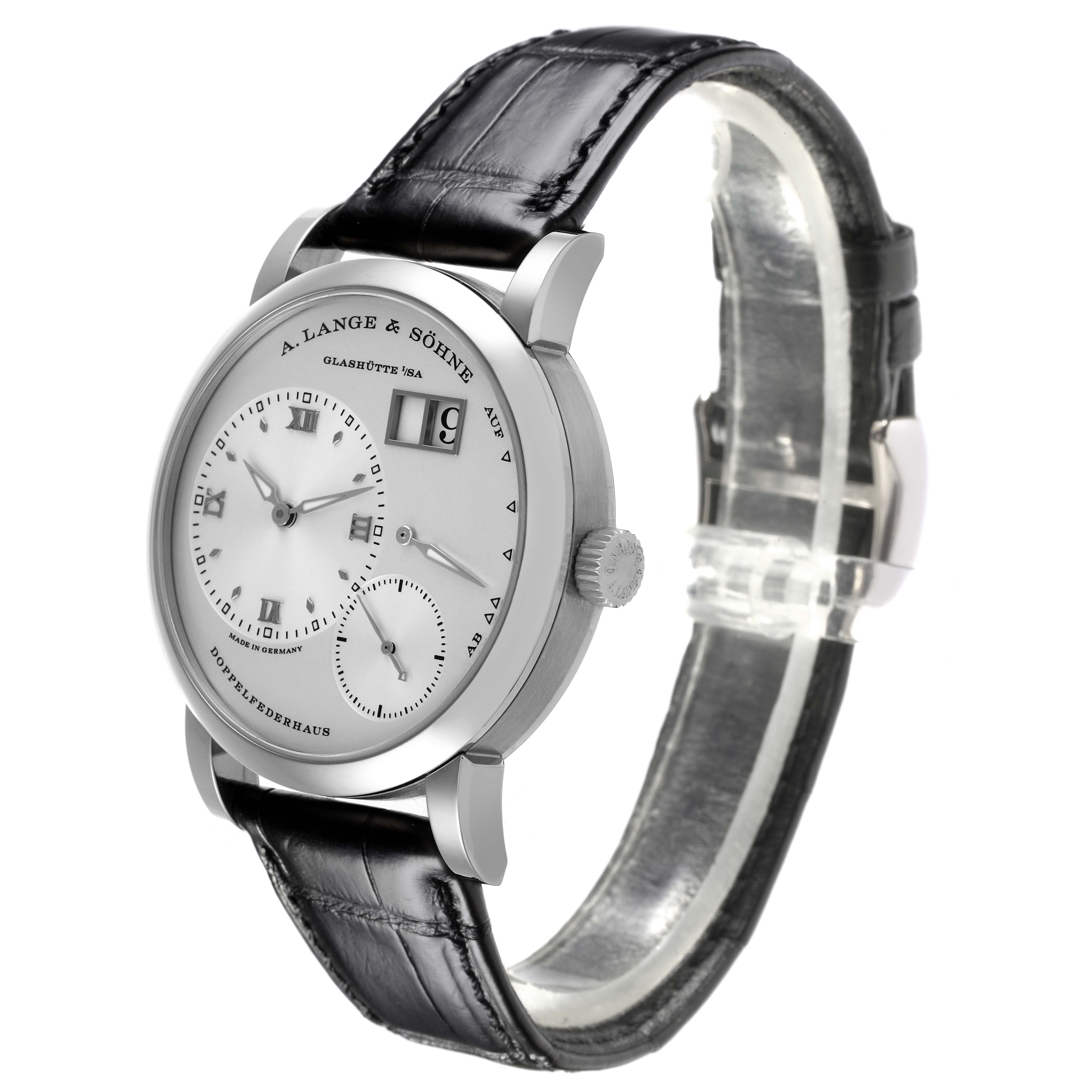 The A. Lange 
Sohne Lange 1 191.039 Men
s White Gold Silver Dial watch is shown at a slight angle, highlighting the dial and leather strap.