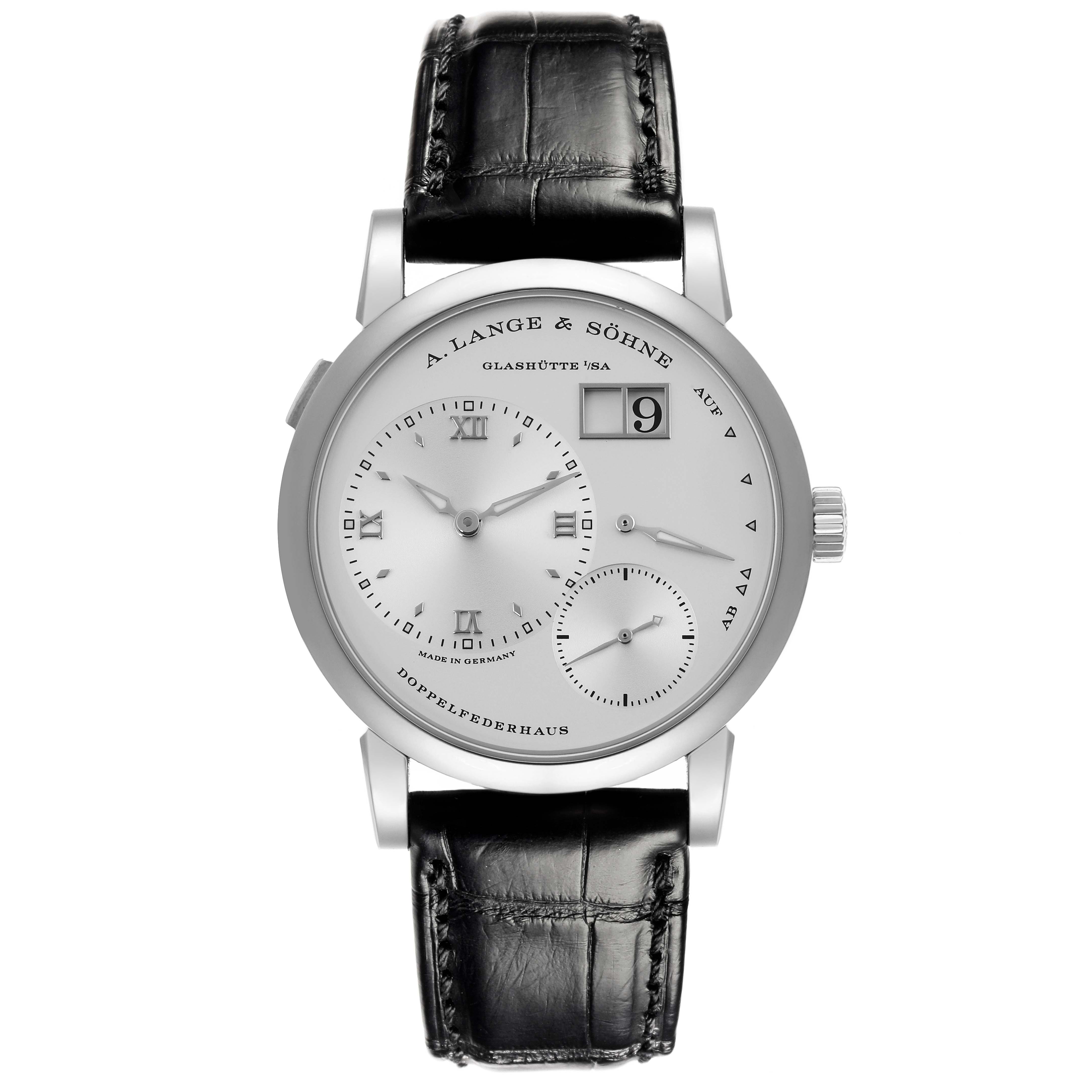 The A. Lange 
Sohne Lange 1 191.039 Men
s White Gold Silver Dial watch is shown from a frontal angle, highlighting the dial, hands, and leather strap.