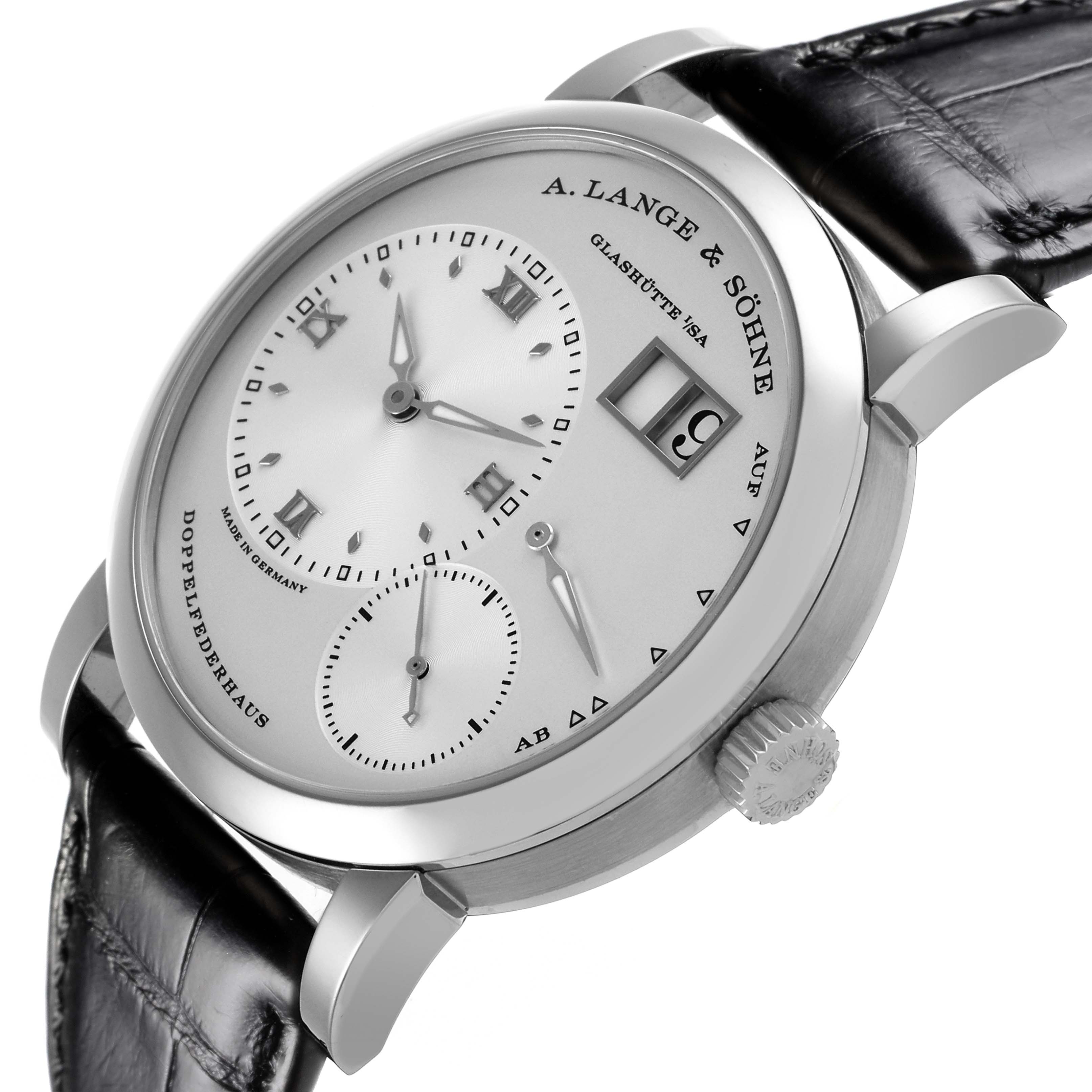 The A. Lange 
Sohne Lange 1 191.039 Men
s White Gold Silver Dial watch is shown in a side view angle highlighting the dial, case, crown, and strap attachment.