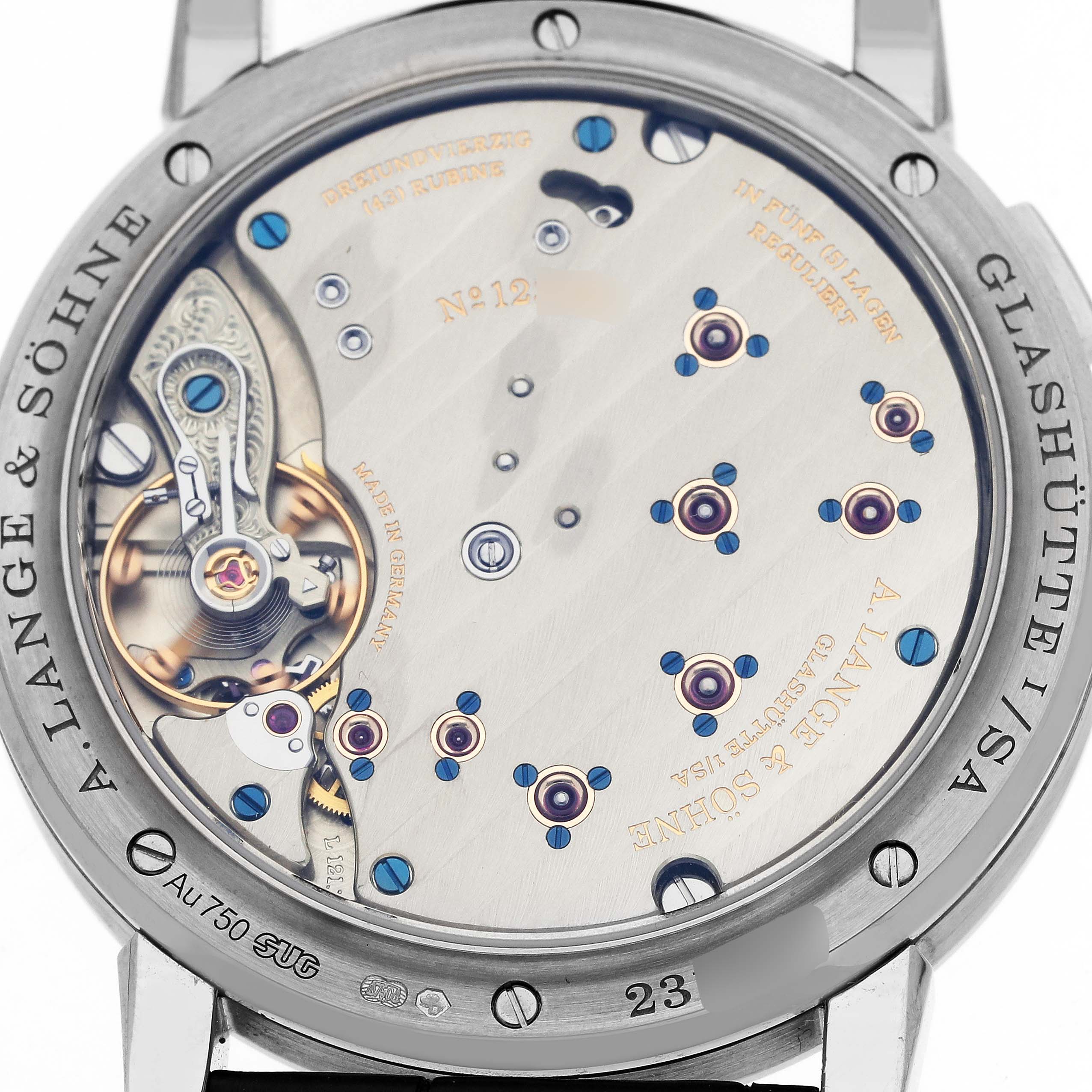 The image shows the back view of the A. Lange 
Sohne Lange 1 191.039 Men
s White Gold Silver Dial model, highlighting its intricate movement.