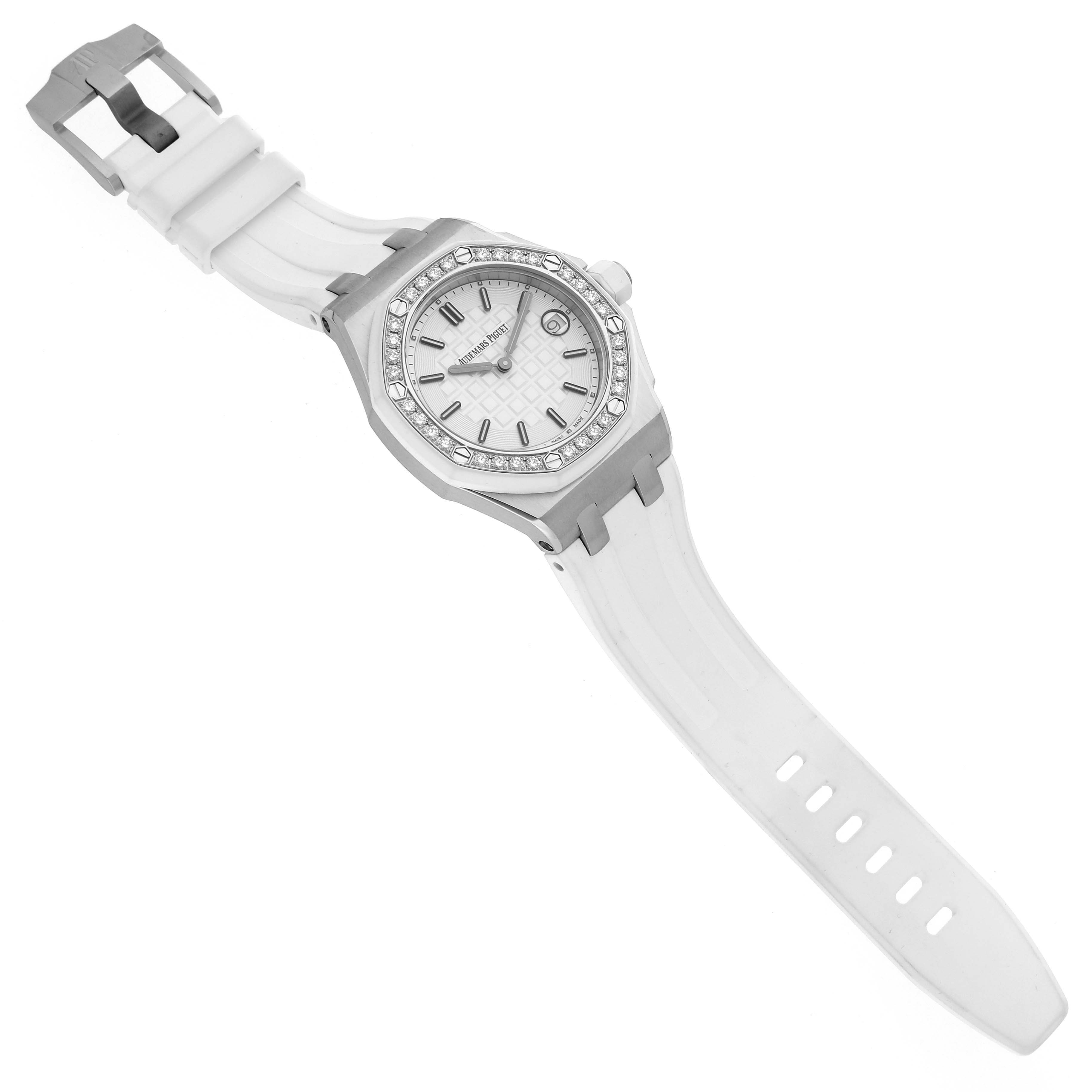 The Audemars Piguet Royal Oak Offshore 67540SK.ZZ.A010CA.01 Women's Stainless Steel Silver Dial watch is shown at a slightly elevated angle, highlighting the face, bezel, and strap.