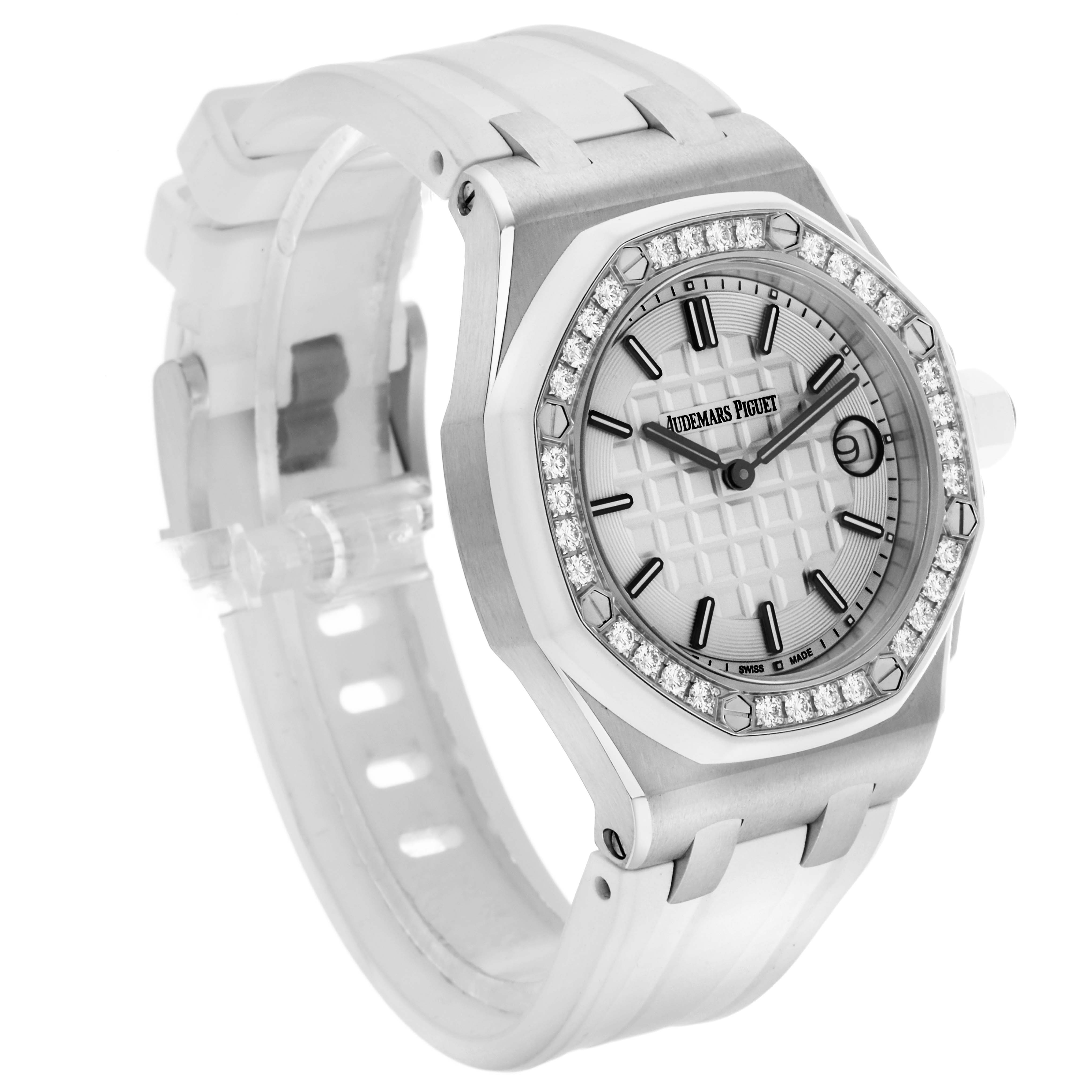 The image shows a side and frontal angle of the Audemars Piguet Royal Oak Offshore 67540SK.ZZ.A010CA.01 Women's Stainless Steel Silver Dial, highlighting its dial, bezel, and white strap.