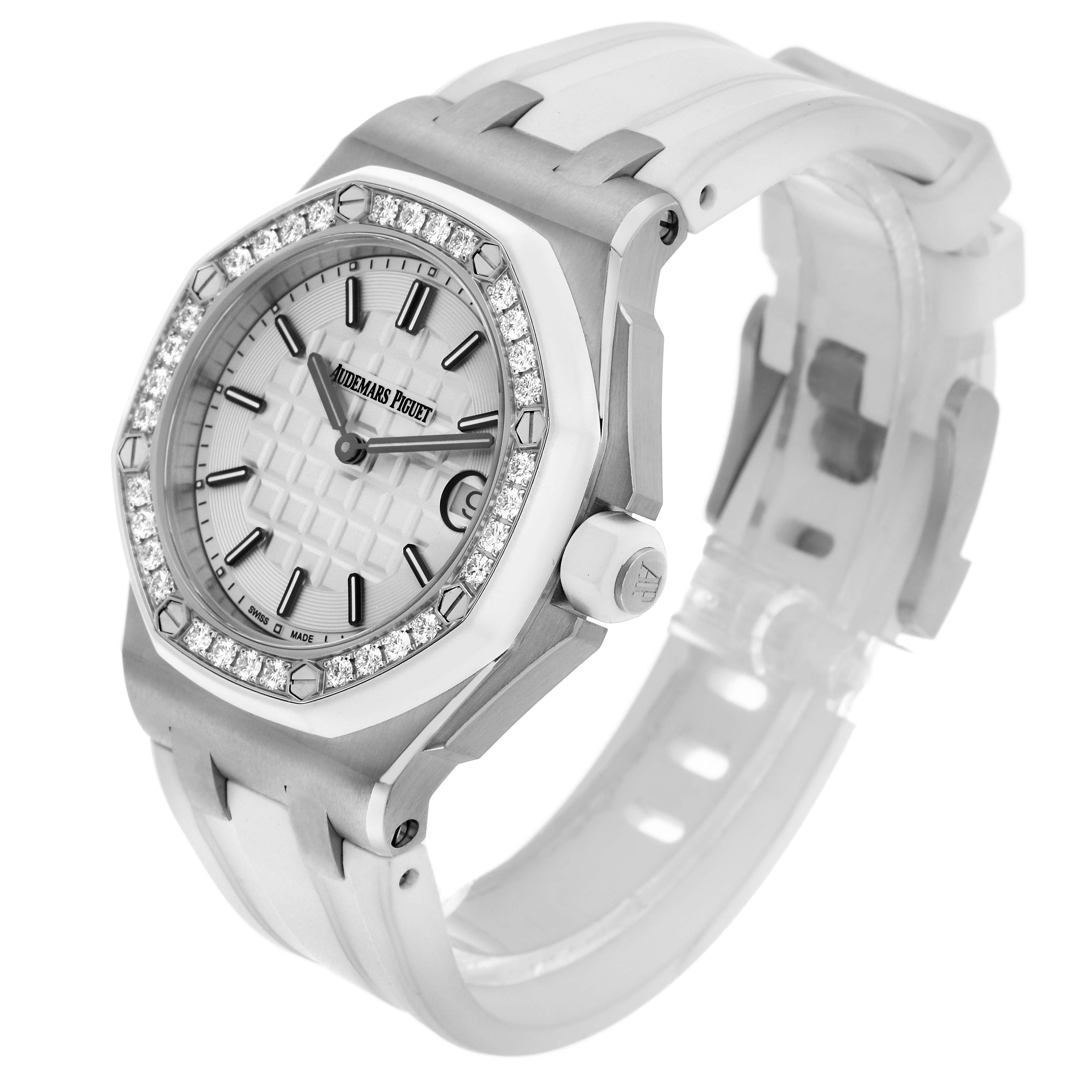 The Audemars Piguet Royal Oak Offshore 67540SK.ZZ.A010CA.01 Women's Stainless Steel Silver Dial watch is shown at an angle highlighting its bezel, strap, and crown with a white dial.