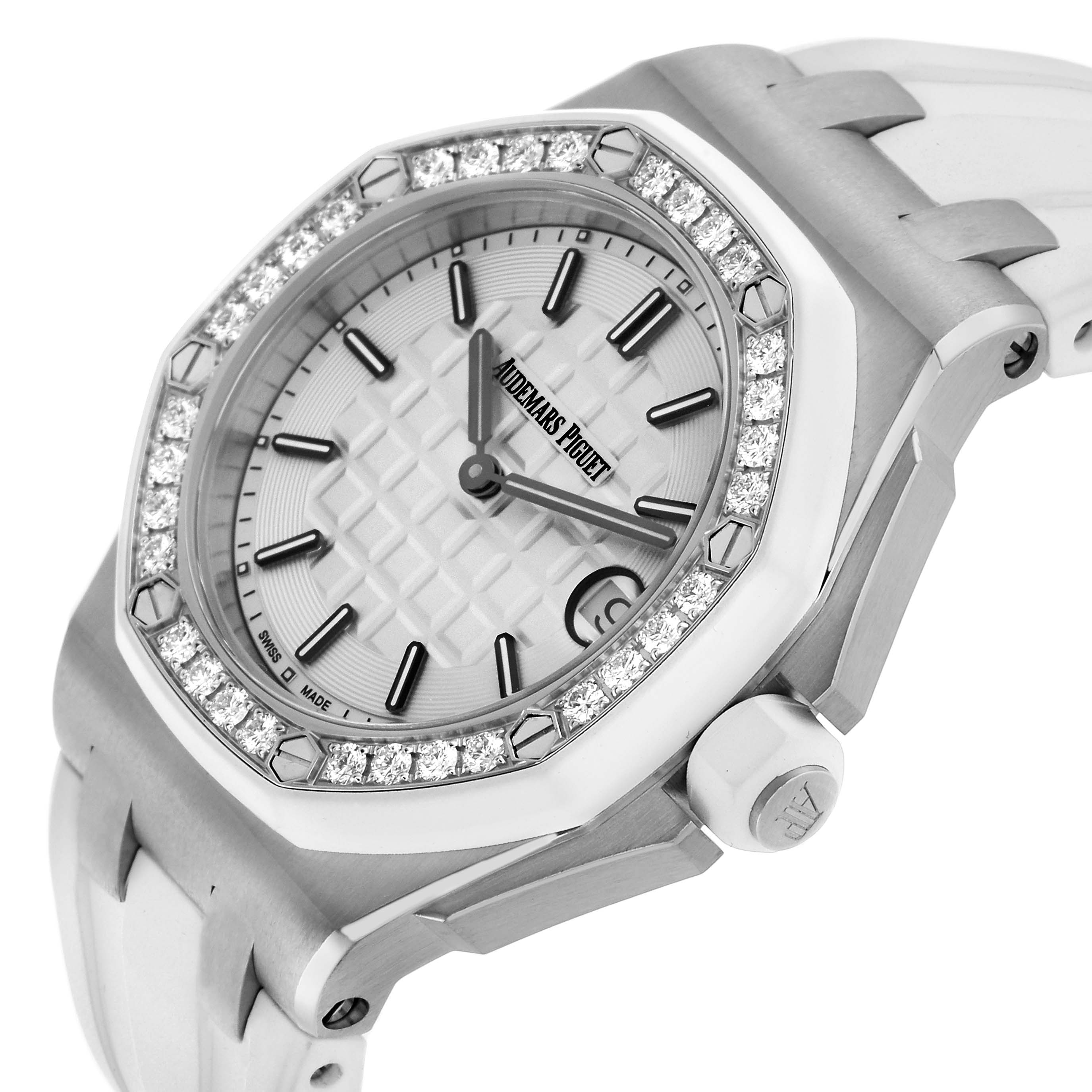 The Audemars Piguet Royal Oak Offshore 67540SK.ZZ.A010CA.01 Women's Stainless Steel Silver Dial is shown at a side angle, highlighting the bezel, dial, crown, and part of the strap.