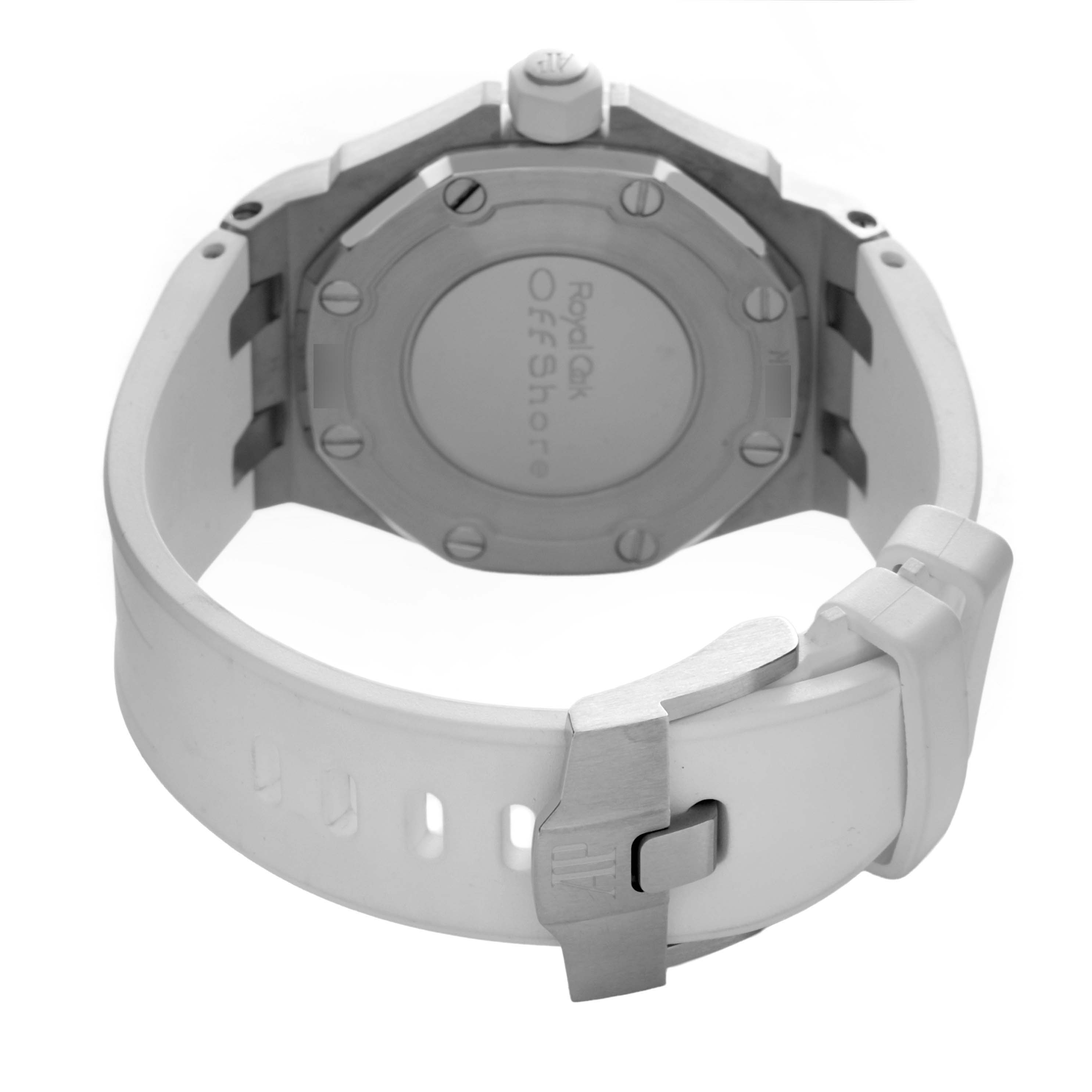 The Audemars Piguet Royal Oak Offshore 67540SK.ZZ.A010CA.01 Women's Stainless Steel Silver Dial is shown from the back, highlighting the caseback and white strap with a clasp.