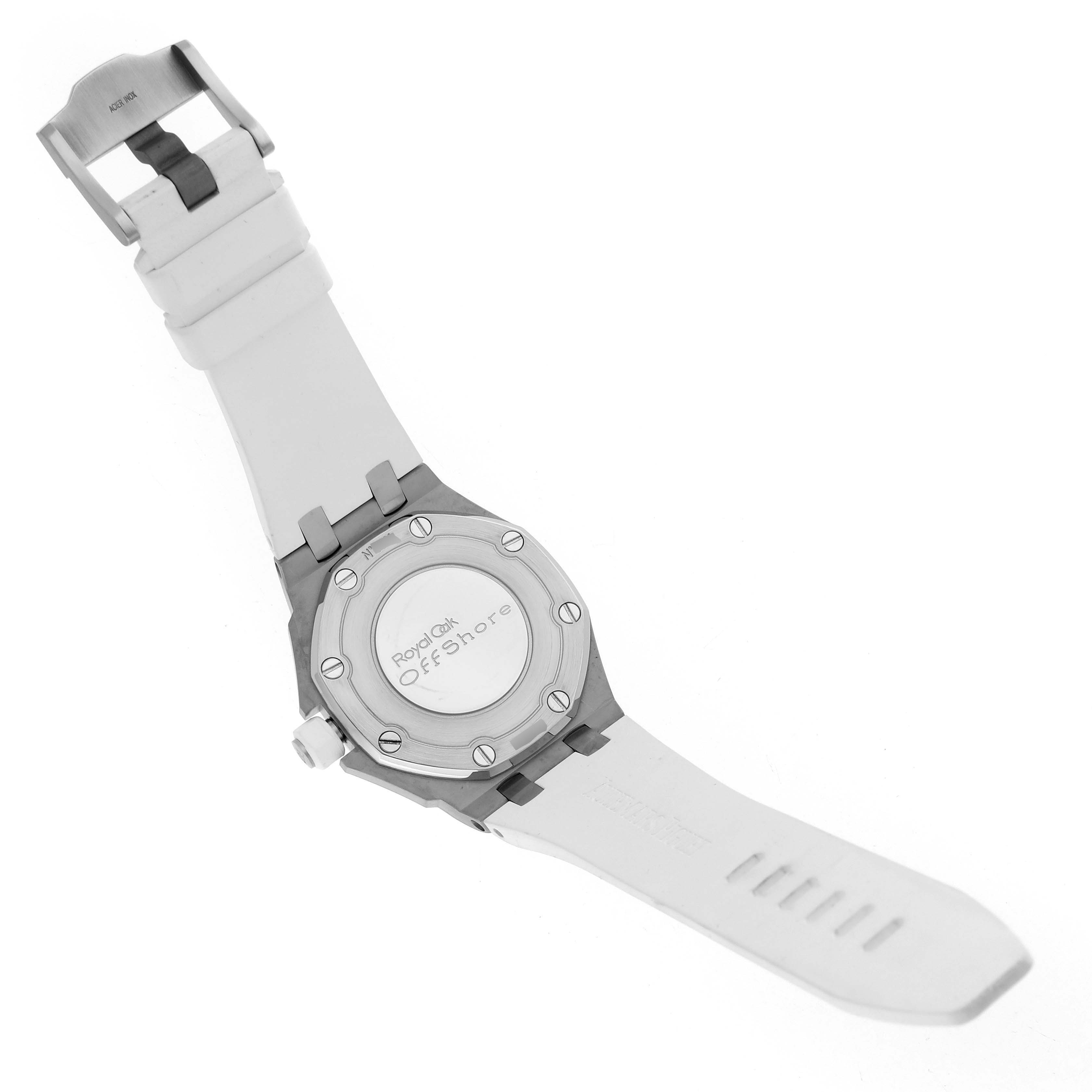 The image shows the back of an Audemars Piguet Royal Oak Offshore 67540SK.ZZ.A010CA.01 Women's Stainless Steel Silver Dial watch, featuring the caseback and part of the white strap.