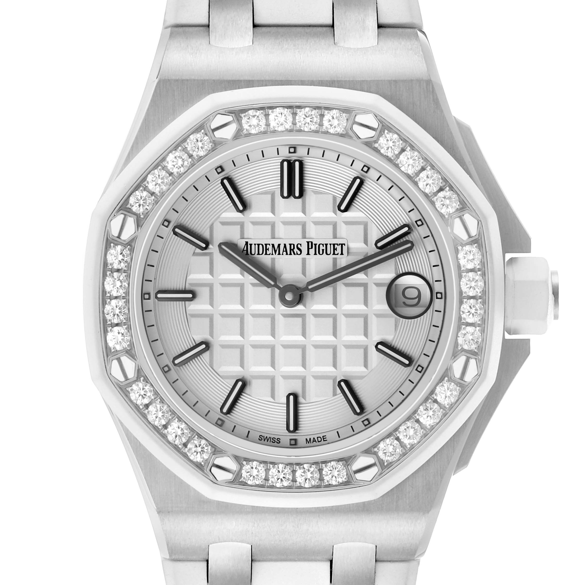 The Audemars Piguet Royal Oak Offshore 67540SK.ZZ.A010CA.01 Women's Stainless Steel Silver Dial watch is shown from the front, displaying the dial, bezel, and part of the bracelet.